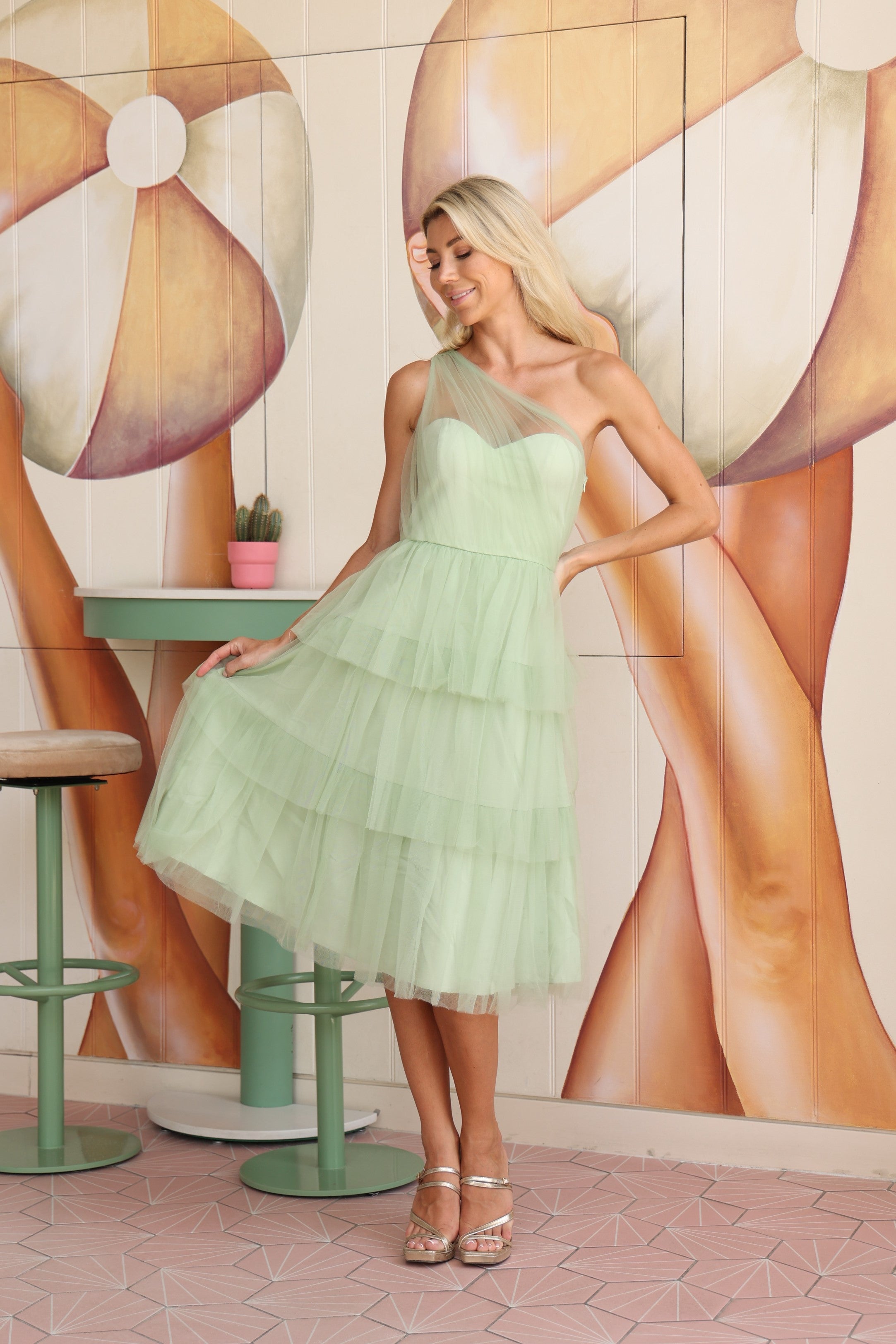 Leyana One Shoulder Tulle Dress in Sage Green