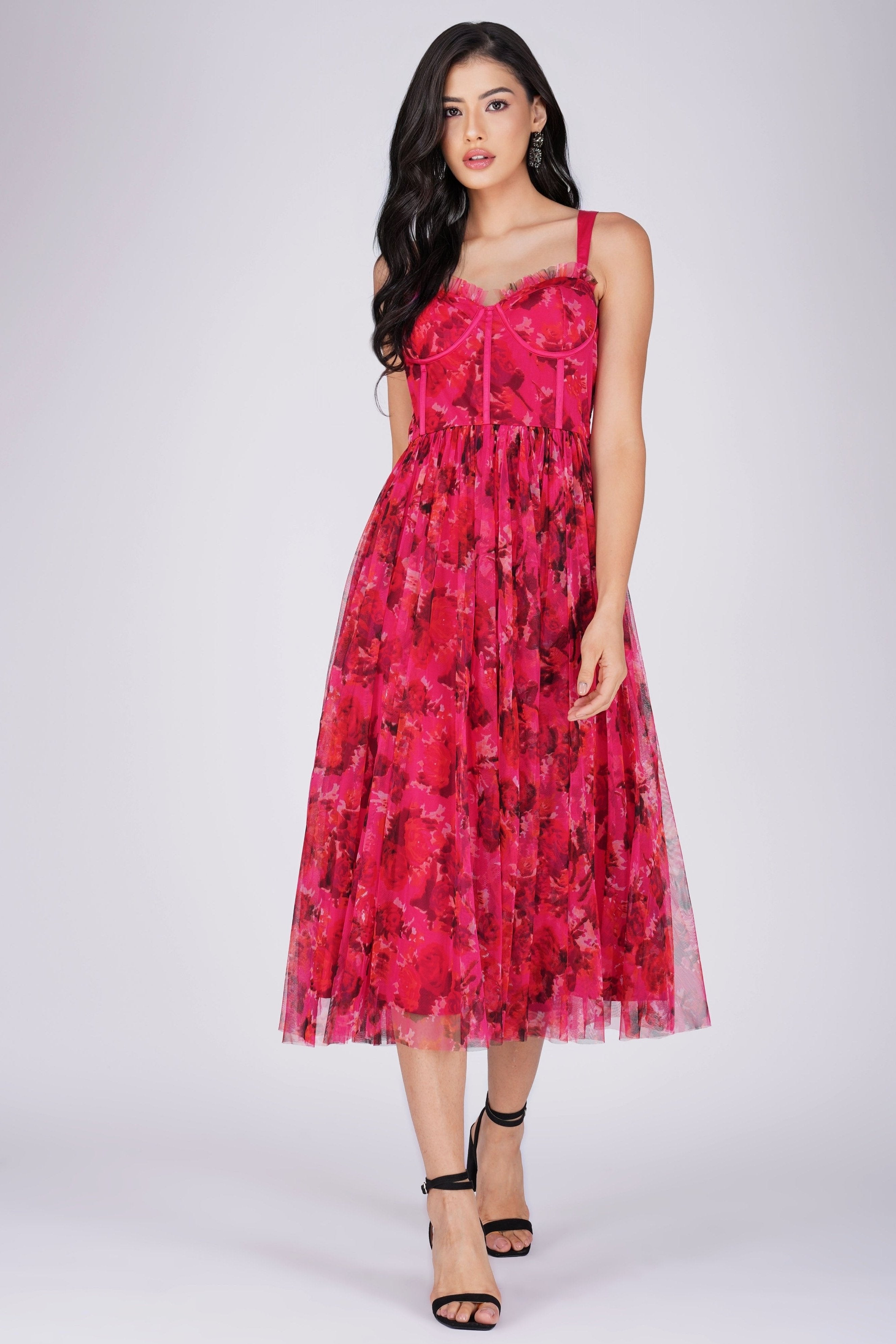 Dane Red Pink Corset Midi Dress