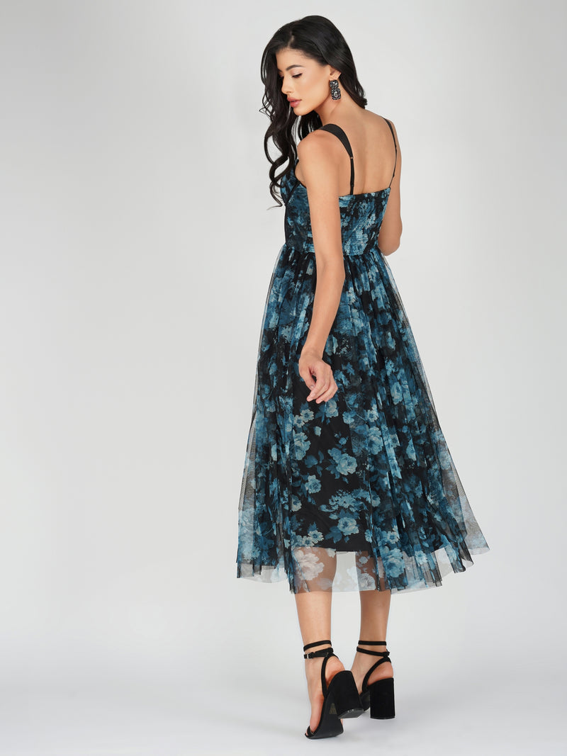 Dane Blue Floral Corset Midi Dress