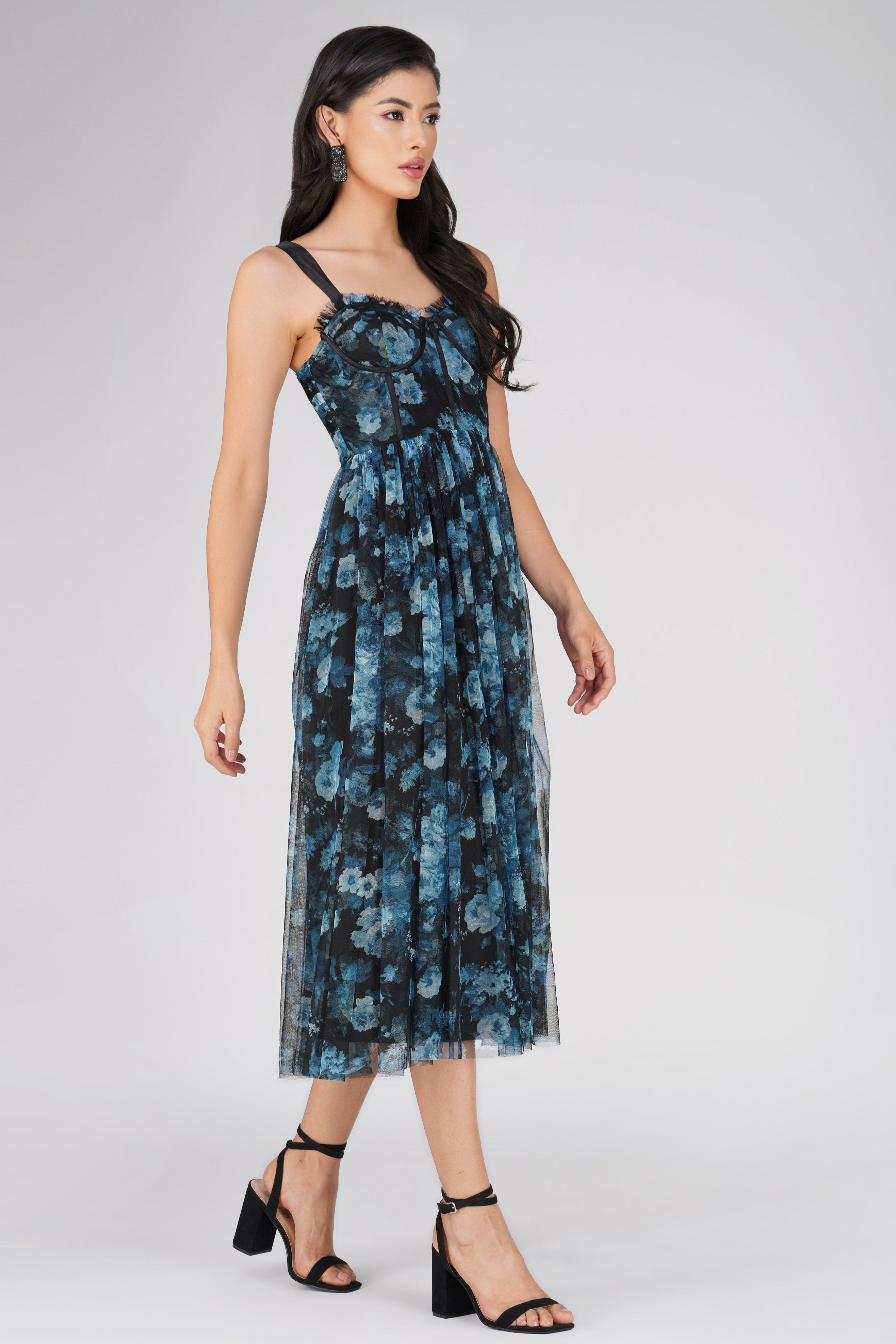 Dane Blue Floral Corset Midi Dress