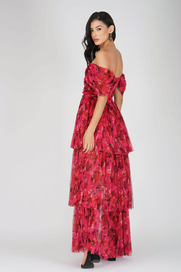 Sydney Tulle Maxi Dress in Red Pink Print