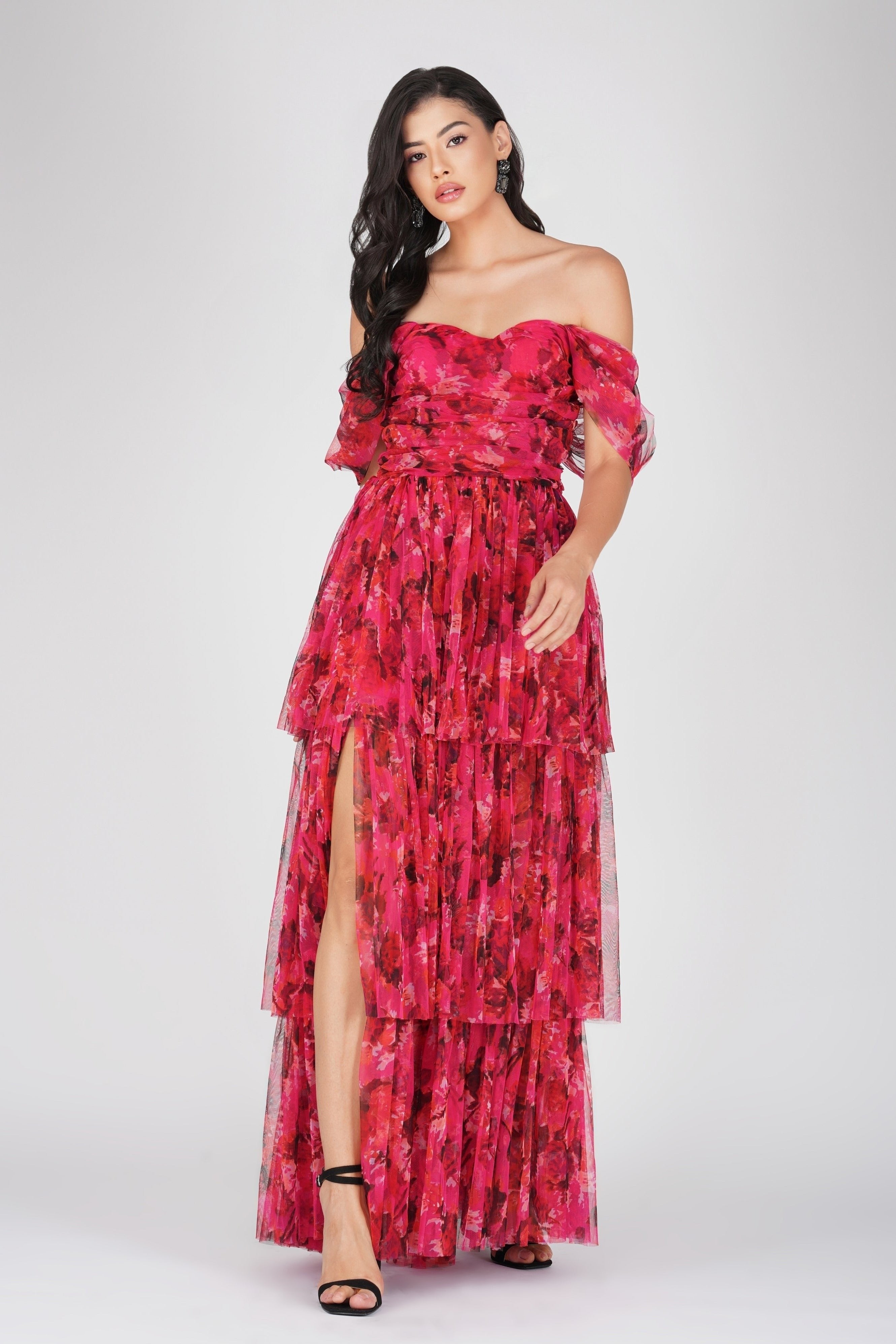 Sydney Tulle Maxi Dress in Red Pink Print