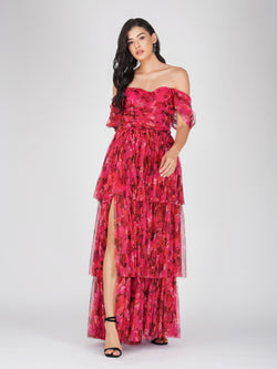 Sydney Tulle Maxi Dress in Red Pink Print