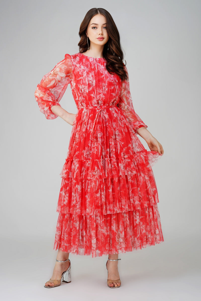 Rebecca Midi Dress in Red Print