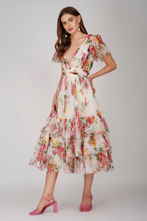 Madison Tulle Midi Dress in Floral Print