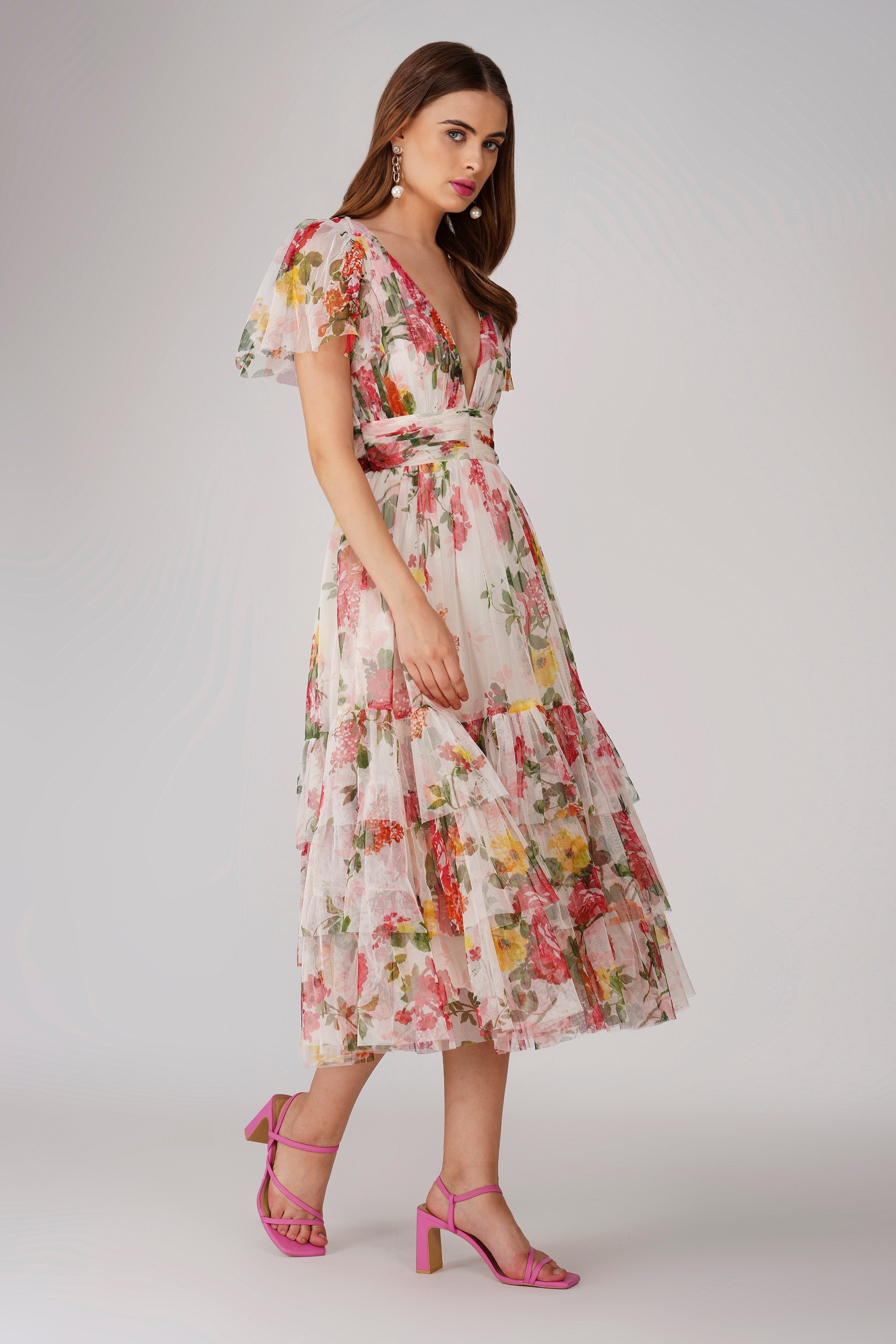 Madison Tulle Midi Dress in Floral Print