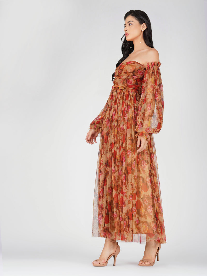 Lana Brown Floral Tulle Dress