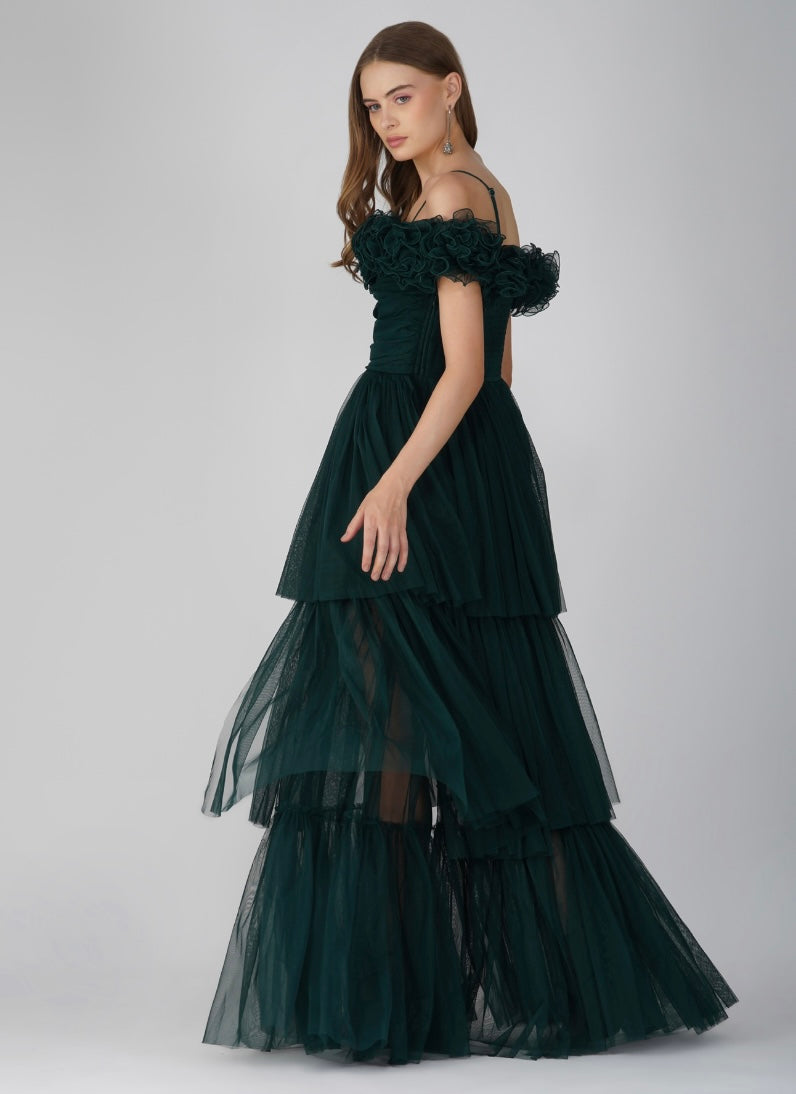 Sandy Tulle Maxi Dress in Emerald Green