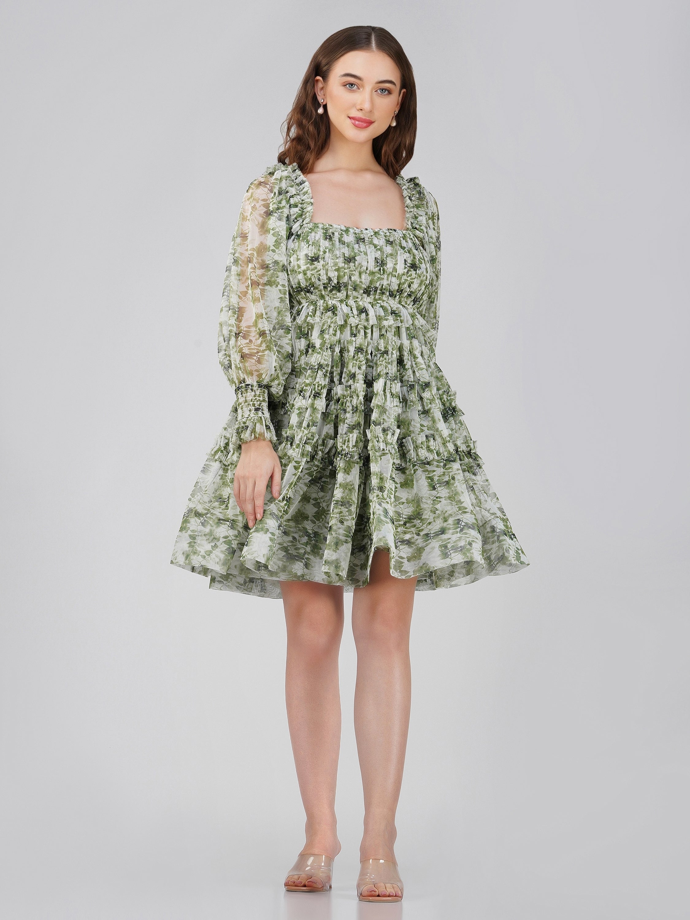 Petite Jessica Tulle Dress in Green Print