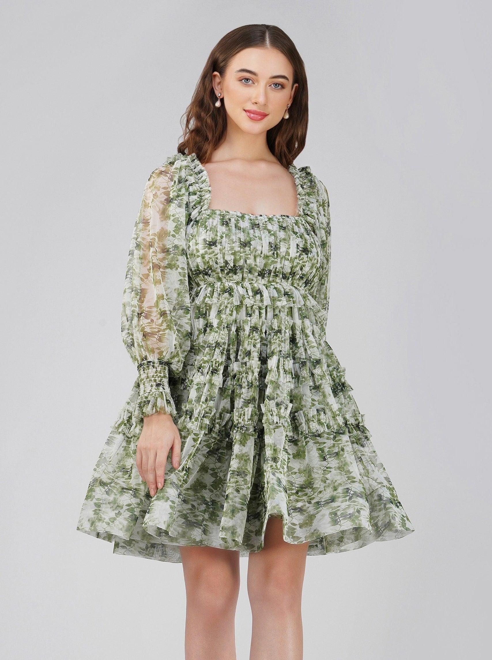 Petite Jessica Tulle Dress in Green Print