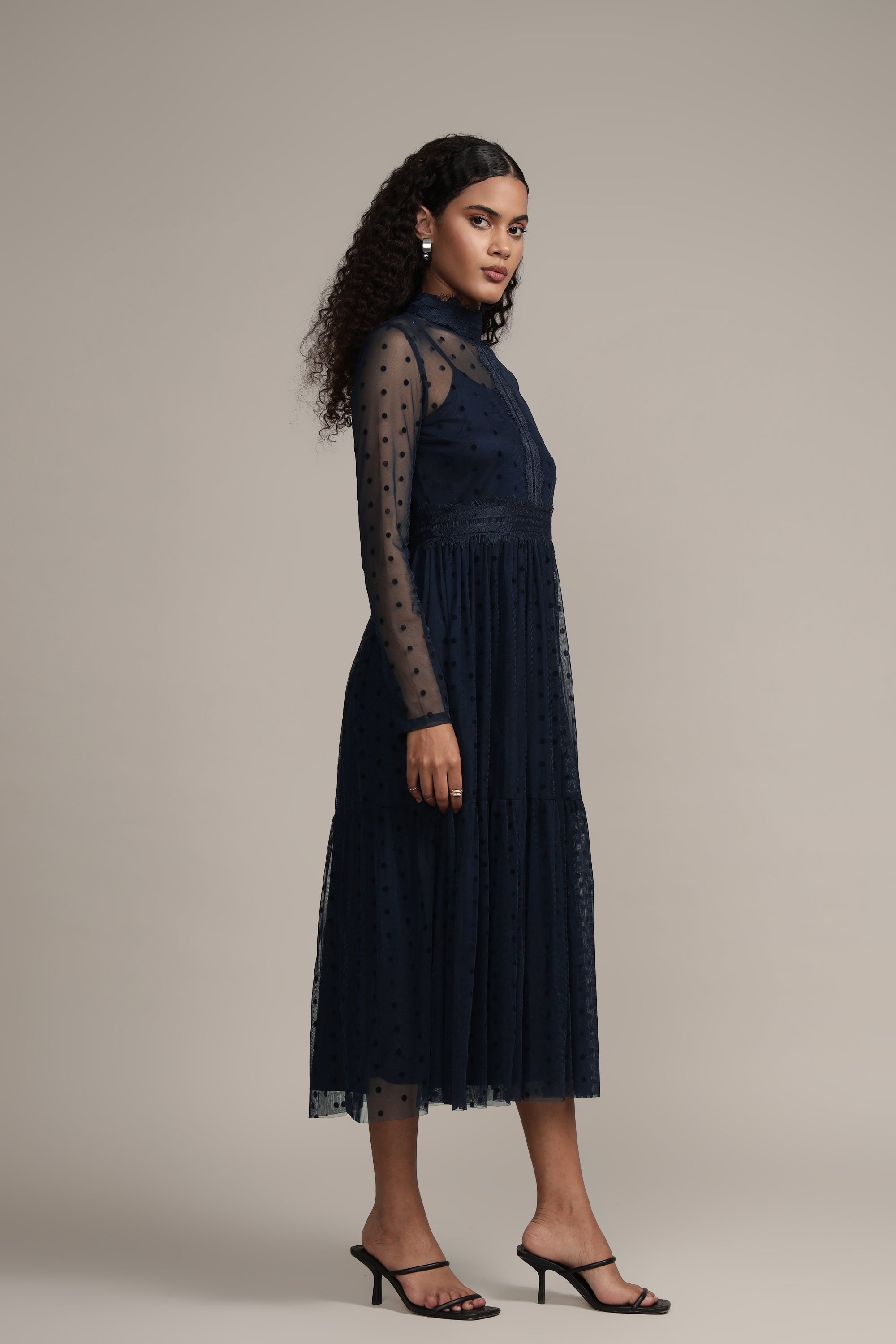 Roman Lola Polka Dot Midi Dress in Navy Blue