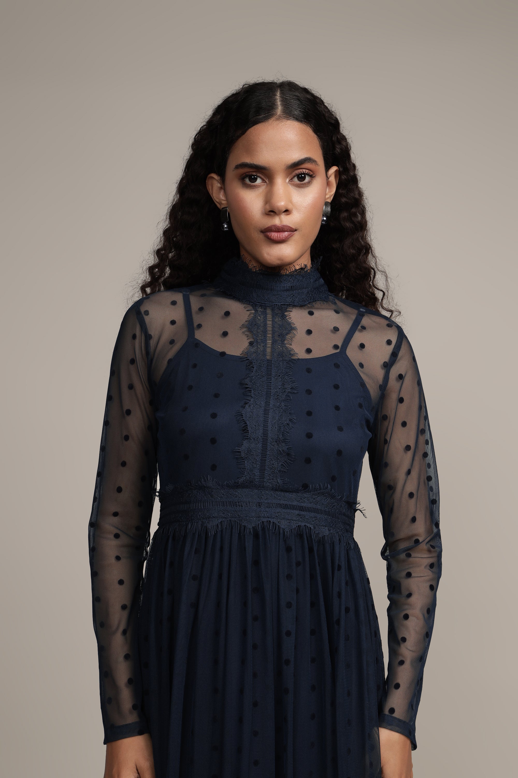 Roman Lola Polka Dot Midi Dress in Navy Blue