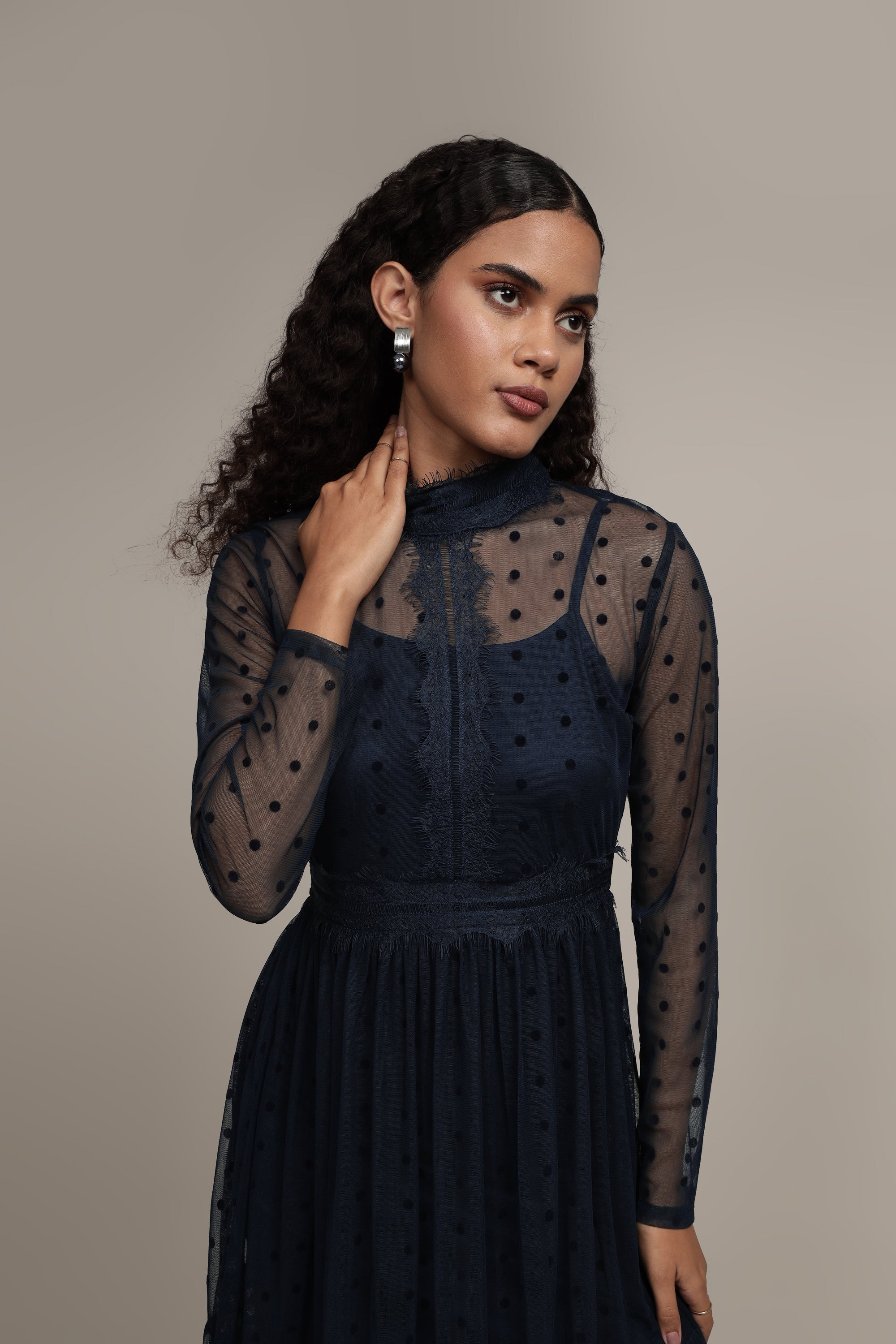 Roman Lola Polka Dot Midi Dress in Navy Blue