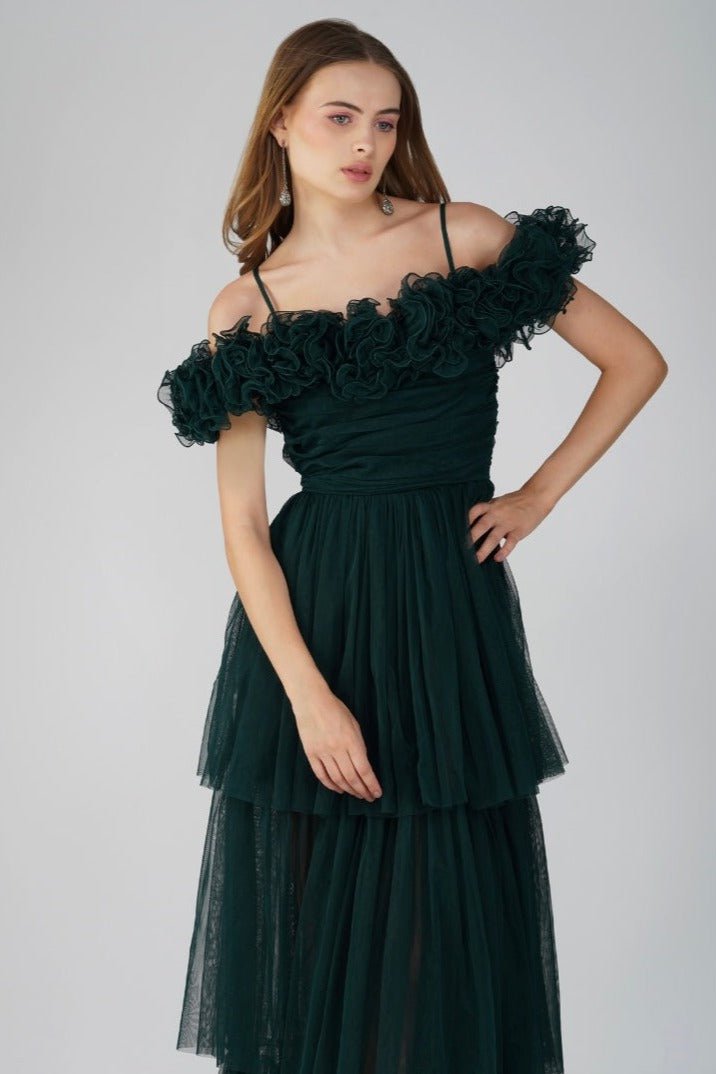 Sandy Tulle Maxi Dress in Emerald Green