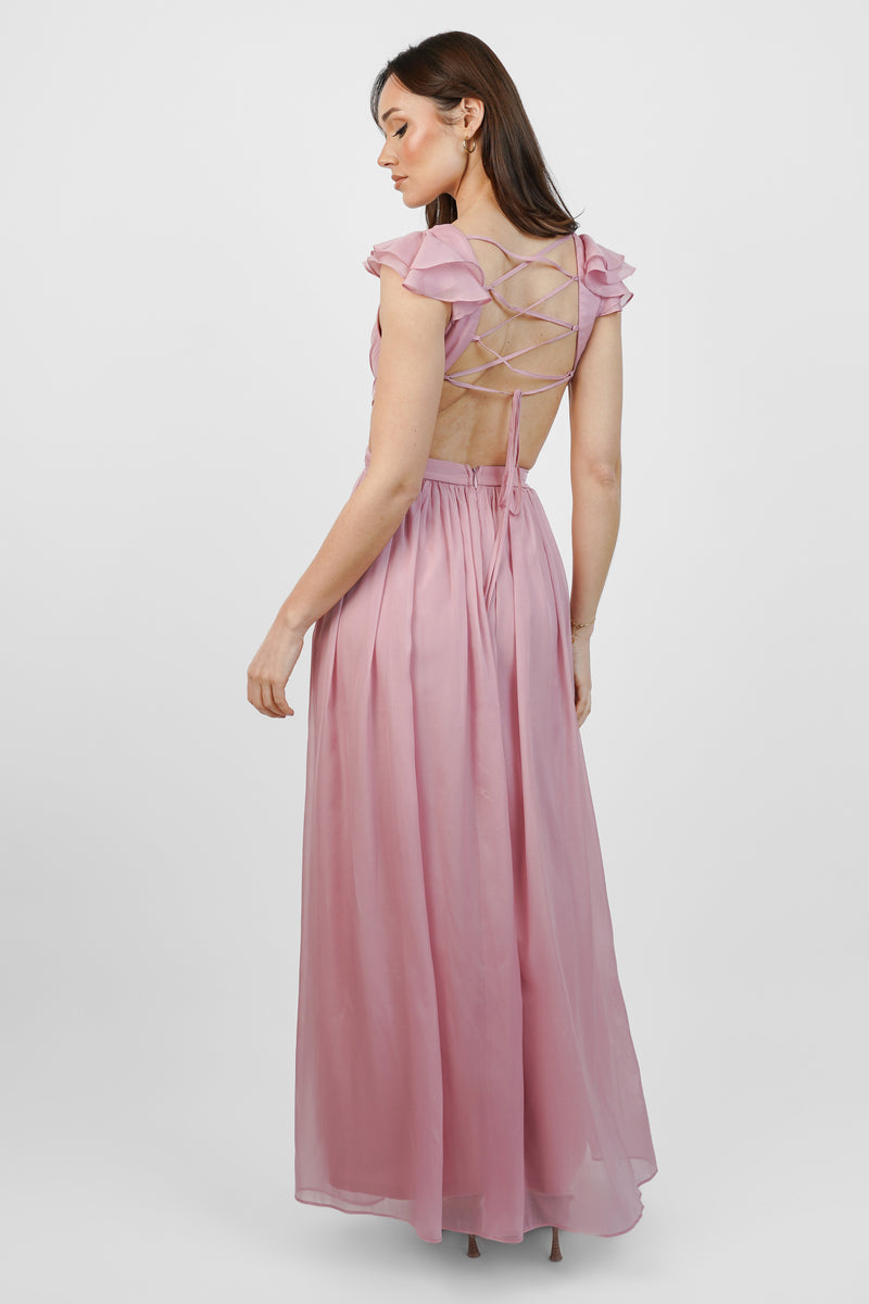 Adeline Metallic Chiffon Maxi Dress in Baby Pink