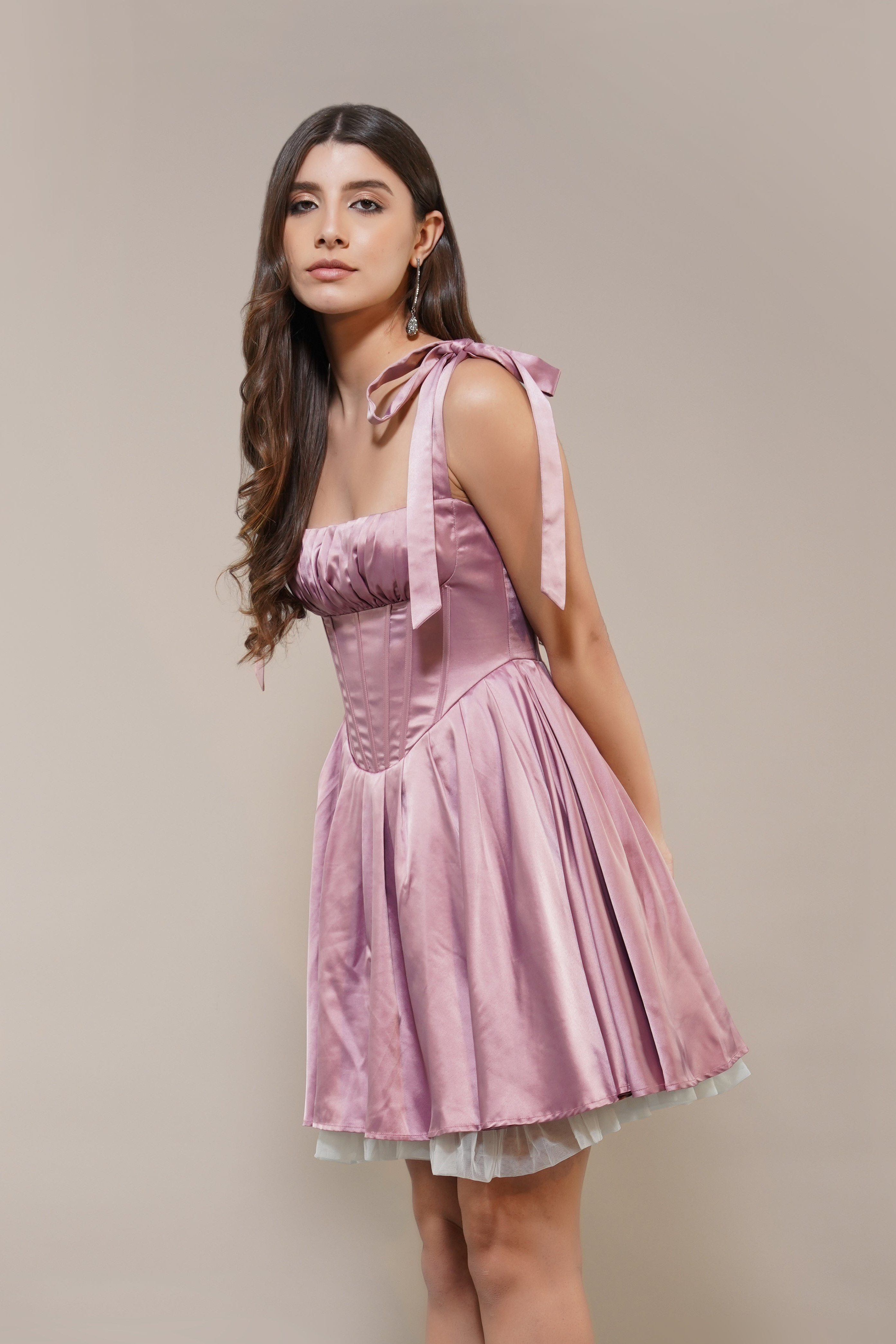 Satin Pink Corset Mini Dress Bows