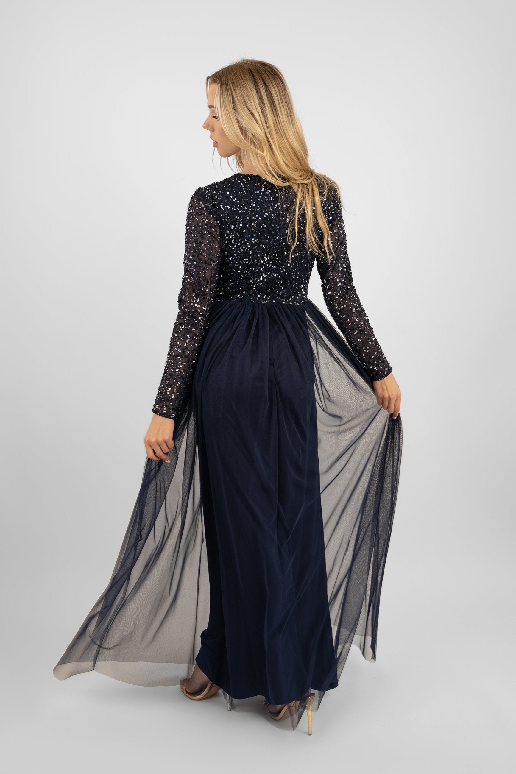 navy-blue-long-sleeve-bridesmaid-dress