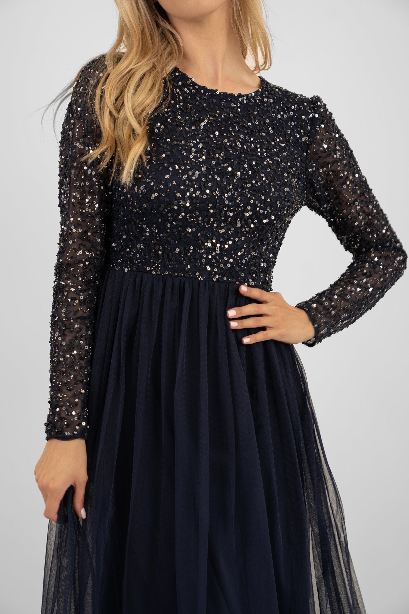 navy-blue-long-sleeve-bridesmaid-dress