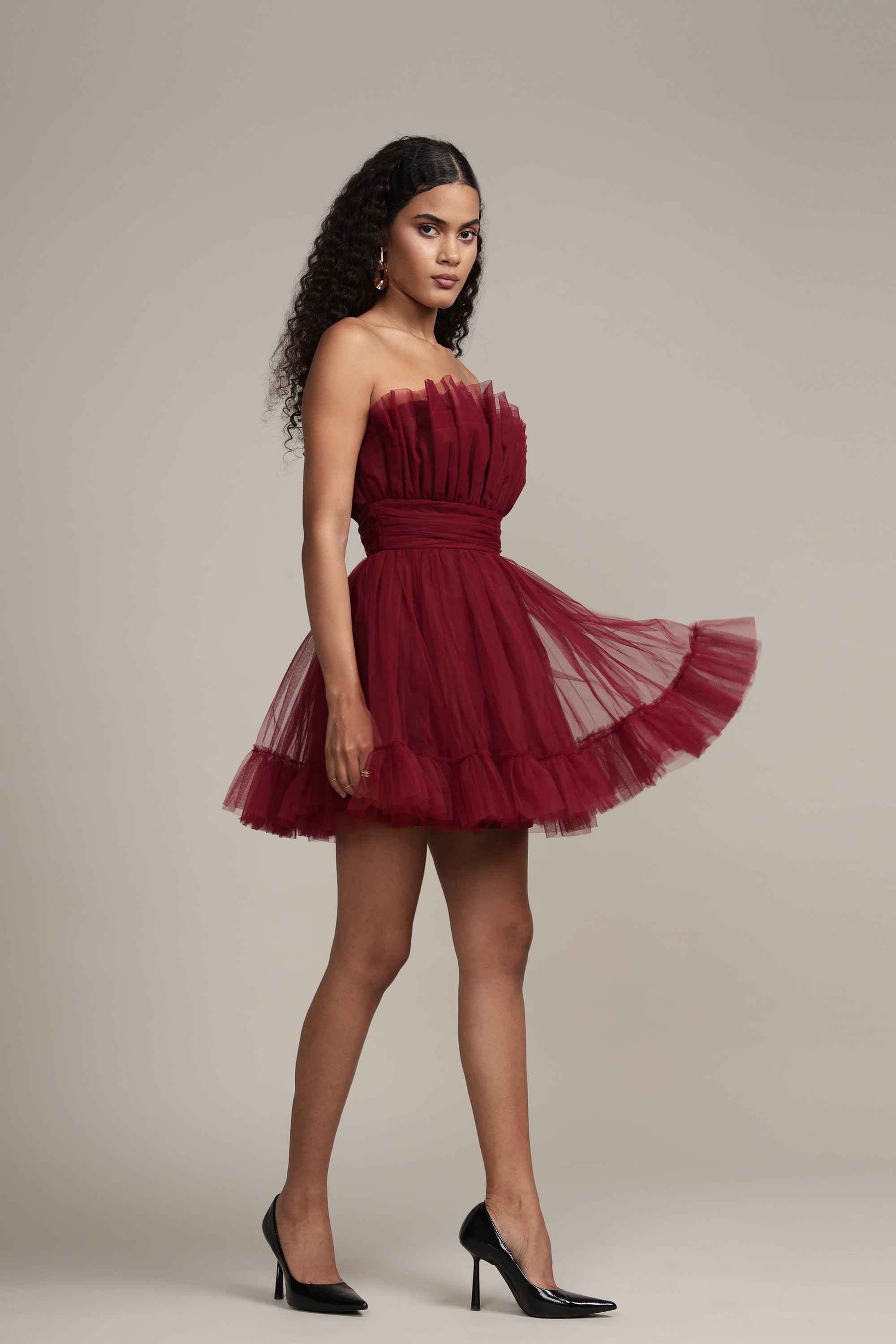 Caspian Tulle Mini Dress in Astro Red