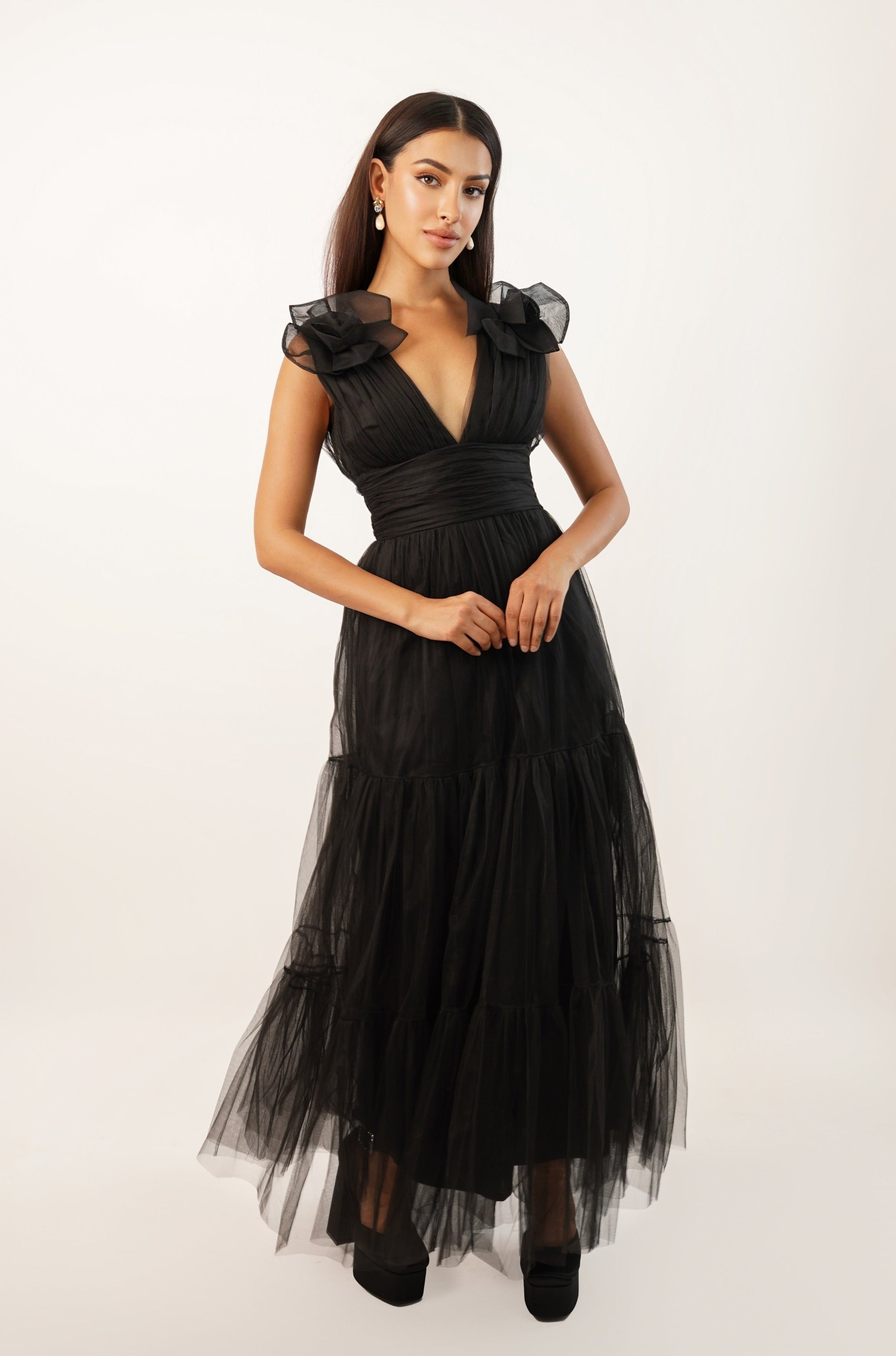 Chana Plunge Corsage Maxi Dress in Black