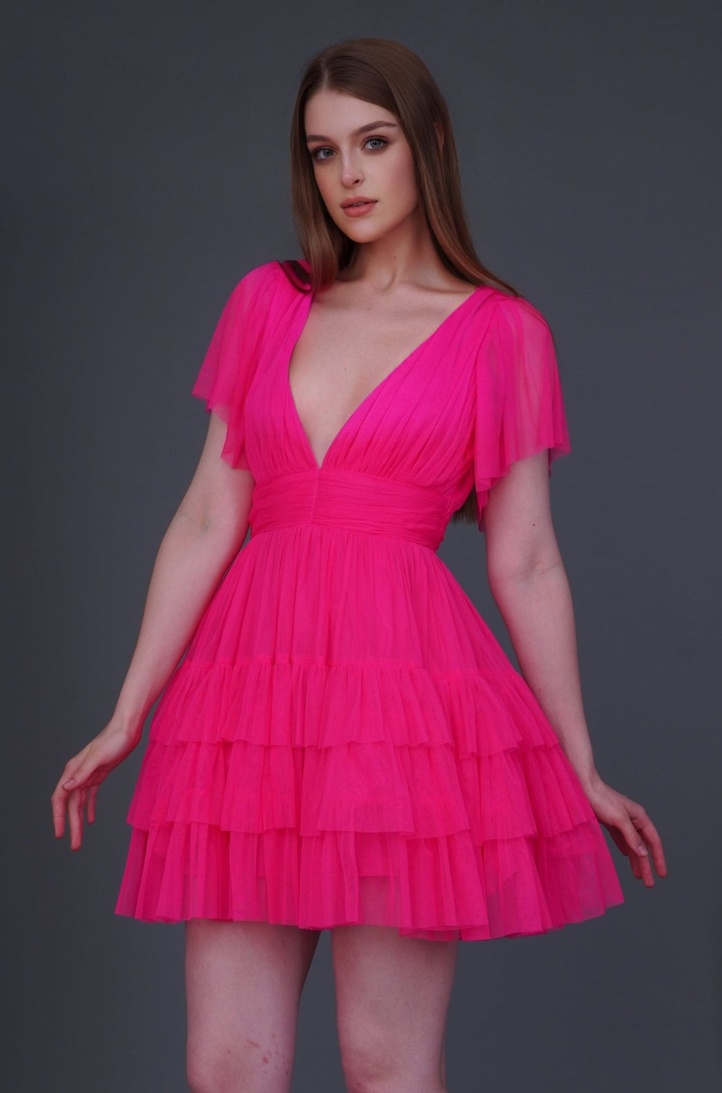 Madison Sunset Pink Chiffon Midi Dress – Lace & Beads