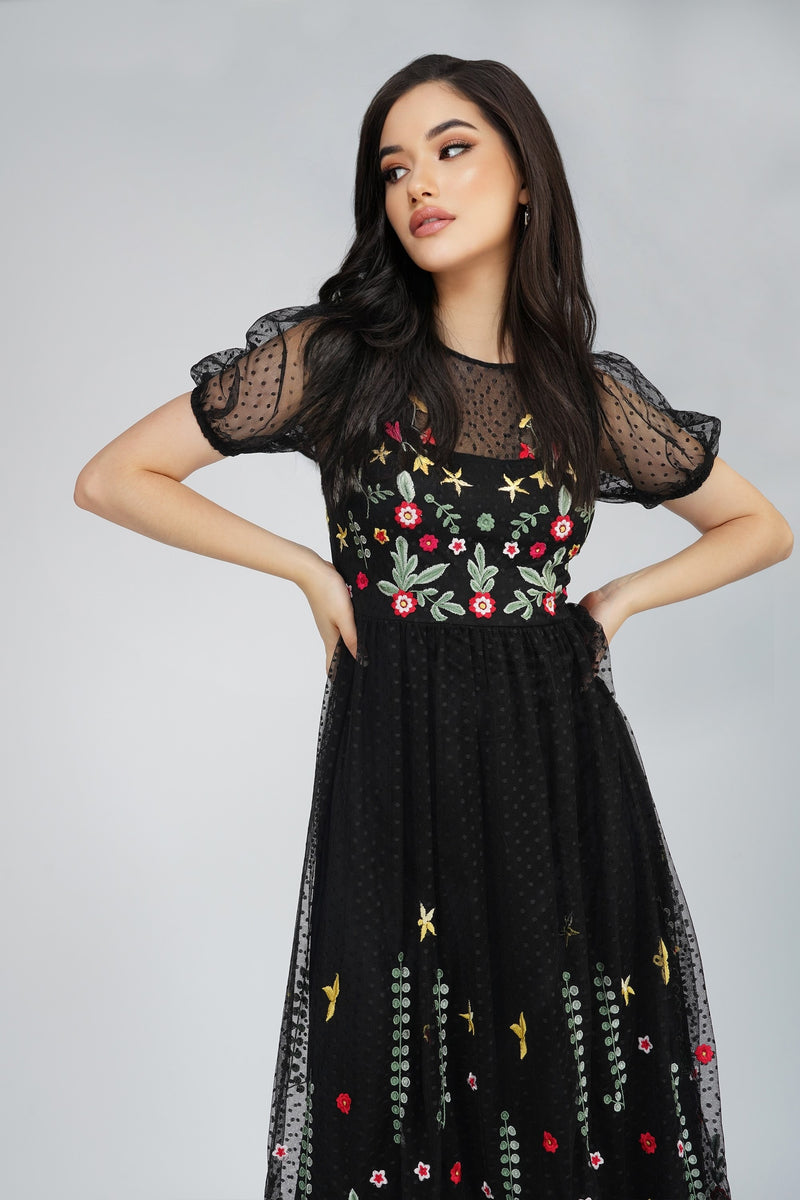 Dahlia Black Embroidered Dress – Lace & Beads