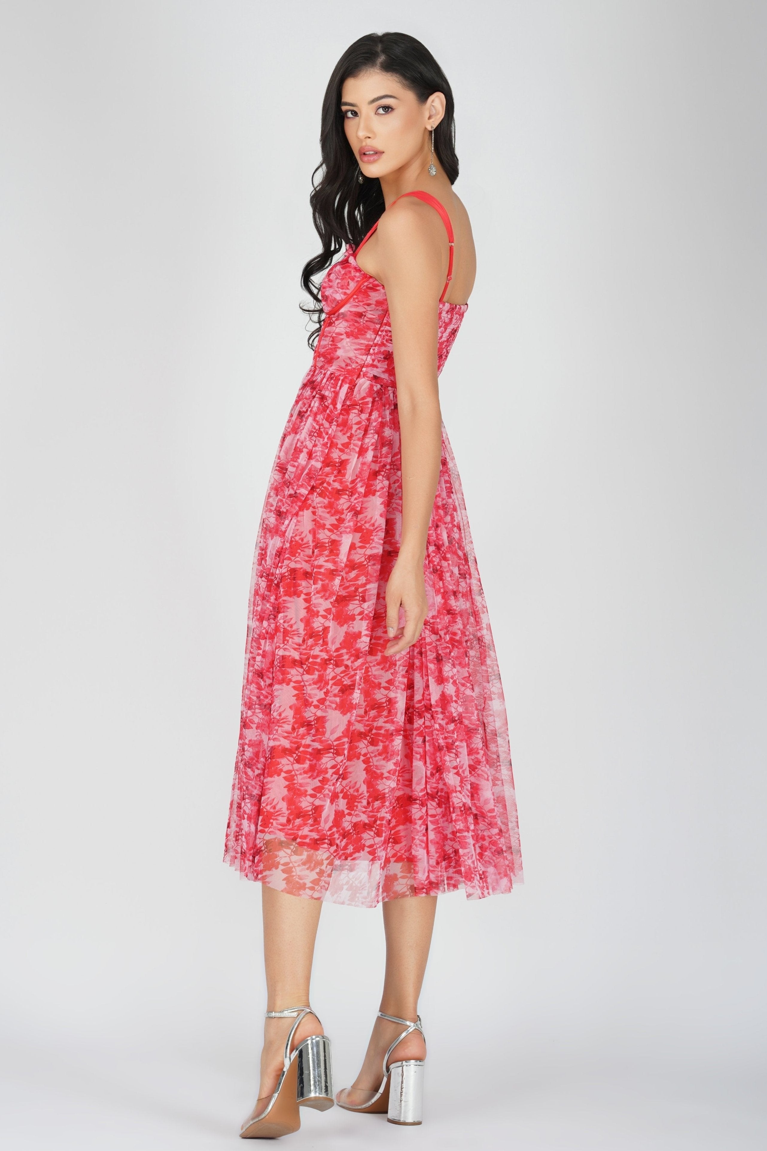 Dane Red Printed Corset Midi Dress