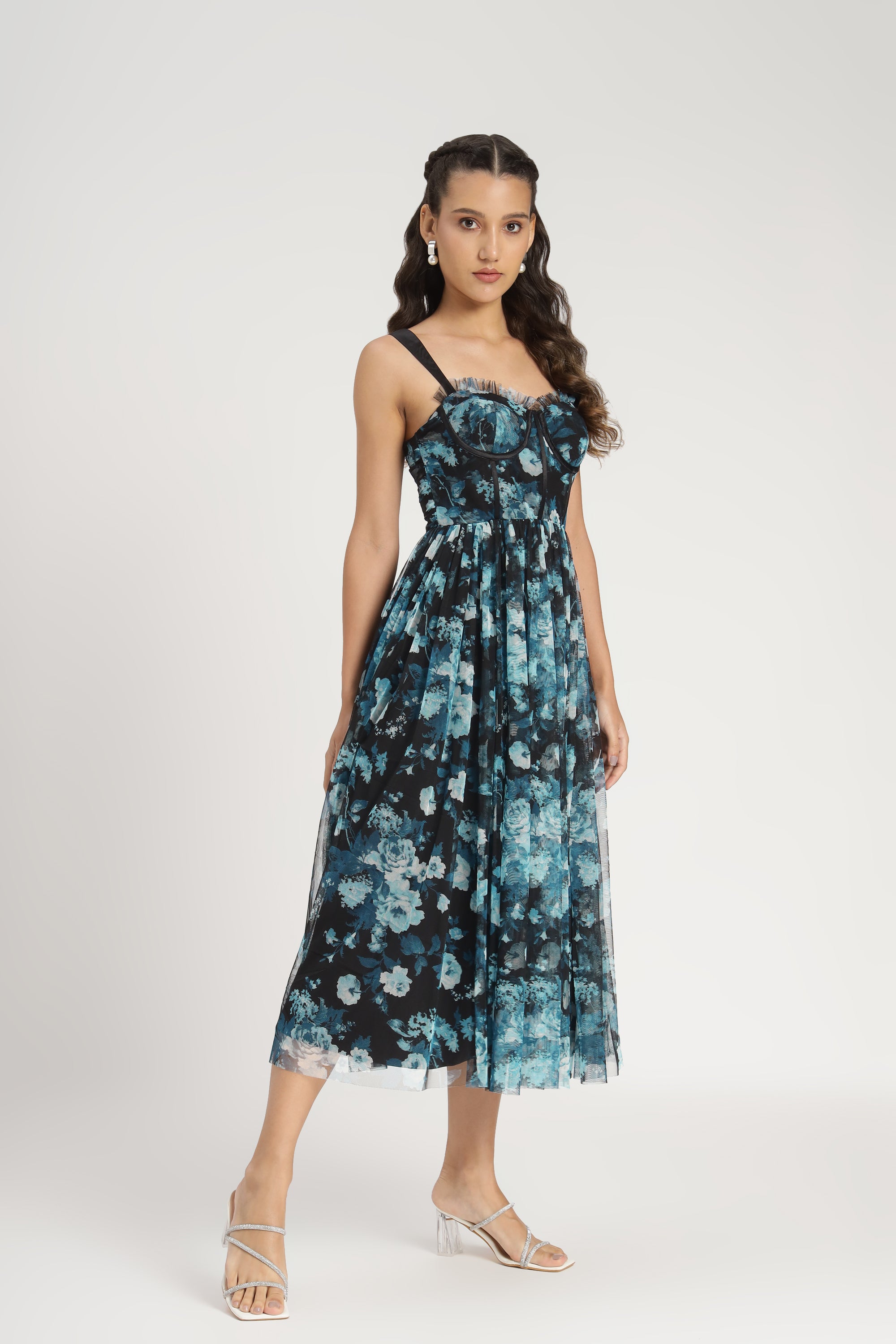 Dane Blue Floral Corset Midi Dress