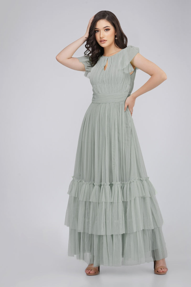 Diva Tulle Maxi Dress in Dark Sage