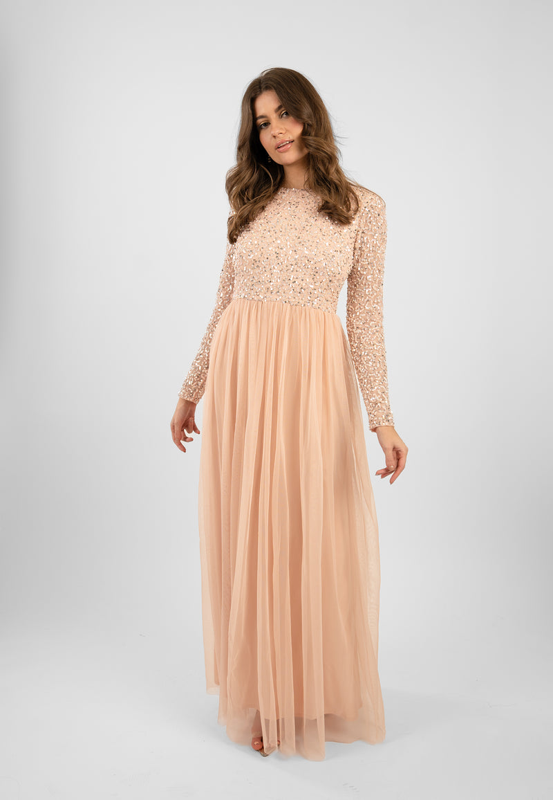 Belle Blush Pink Long Sleeve Bridesmaid Dress – Lace & Beads