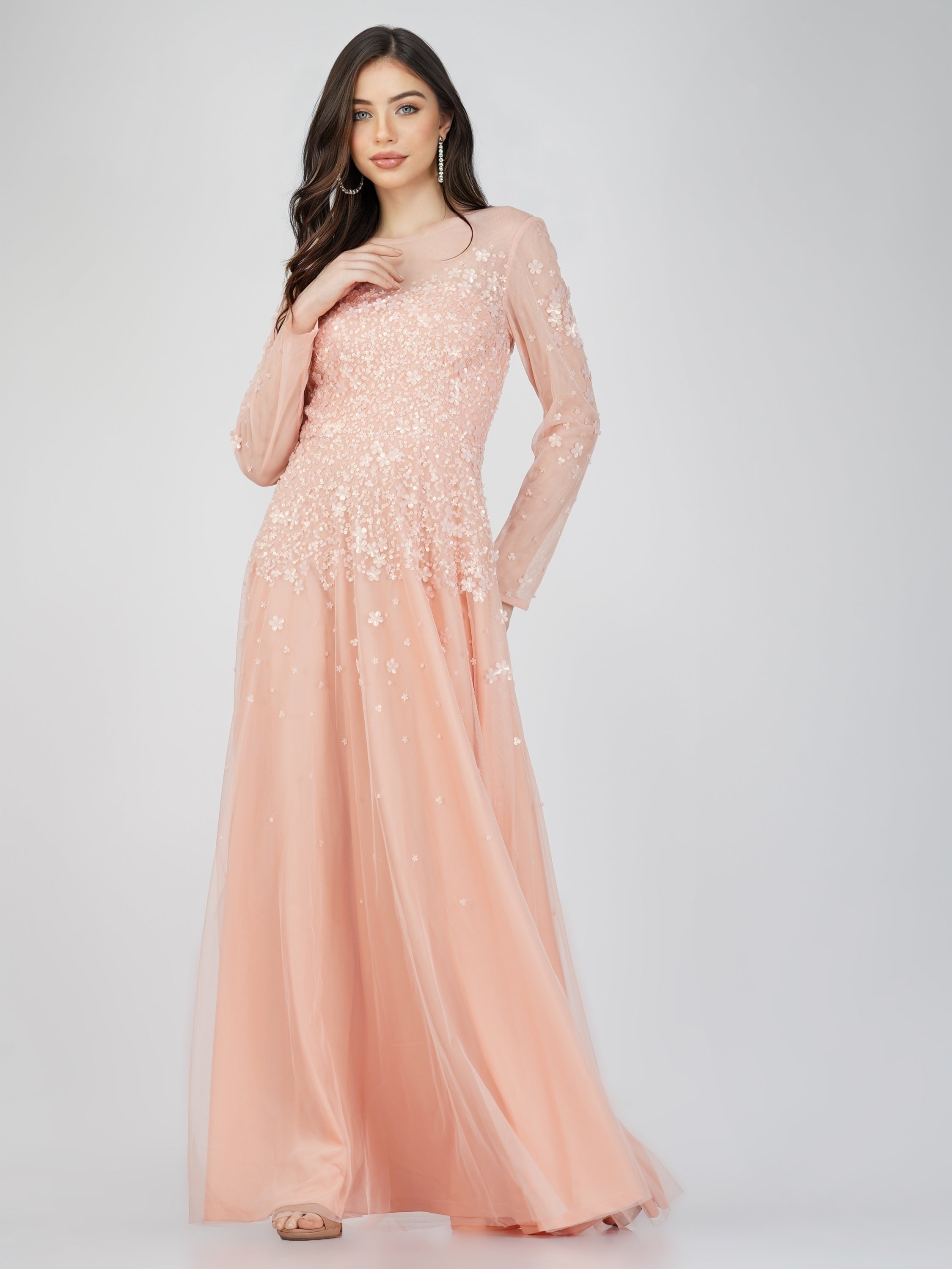 Luciene Long Sleeve Embellished Maxi Dress in Blush Pink – Lace & Beads