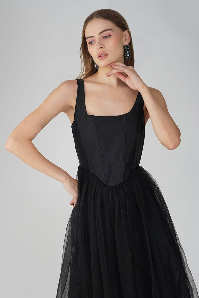 Gaela Mesh Midi Dress in Black