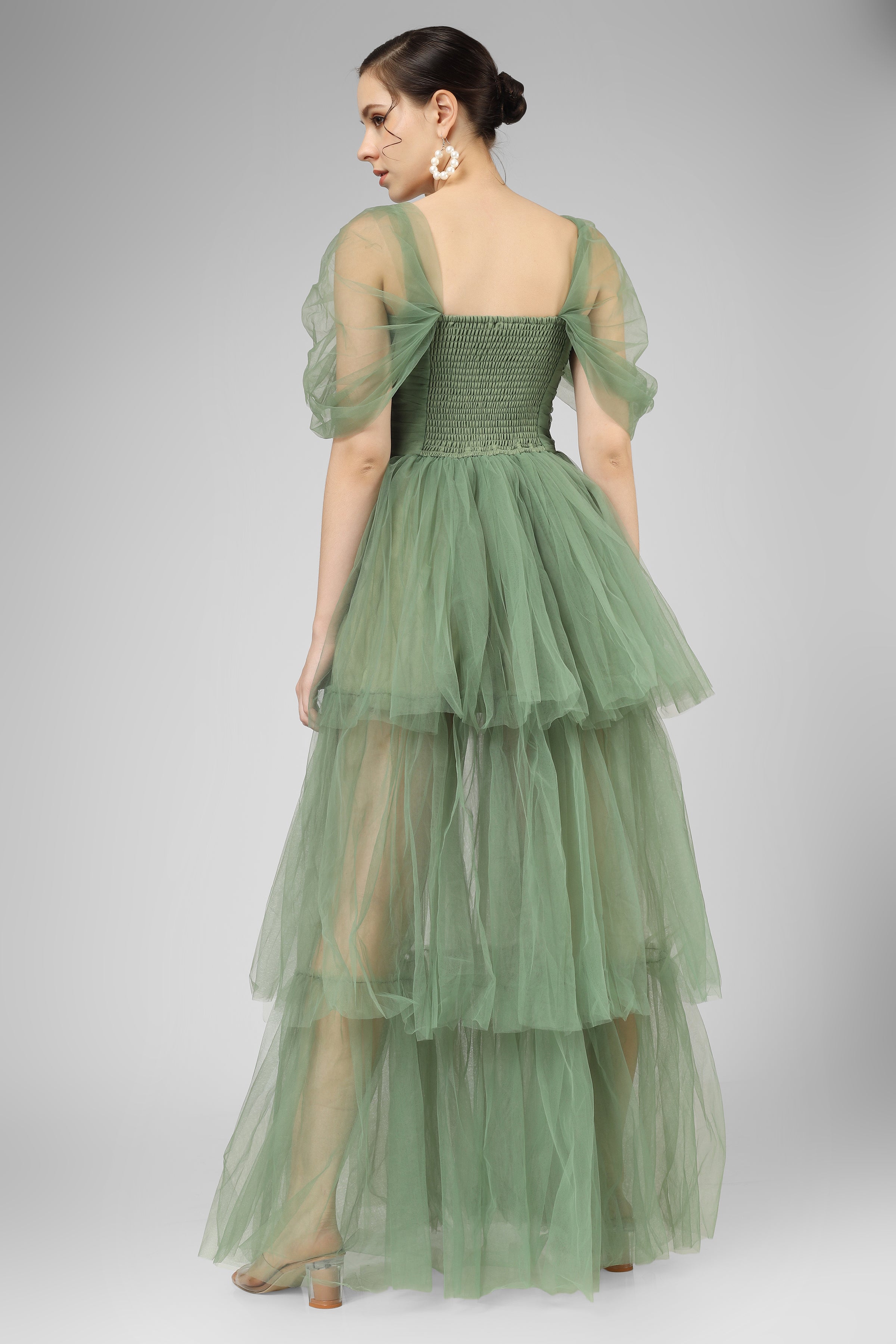 Sydney Off Shoulder Tulle Maxi Dress in Dark Sage