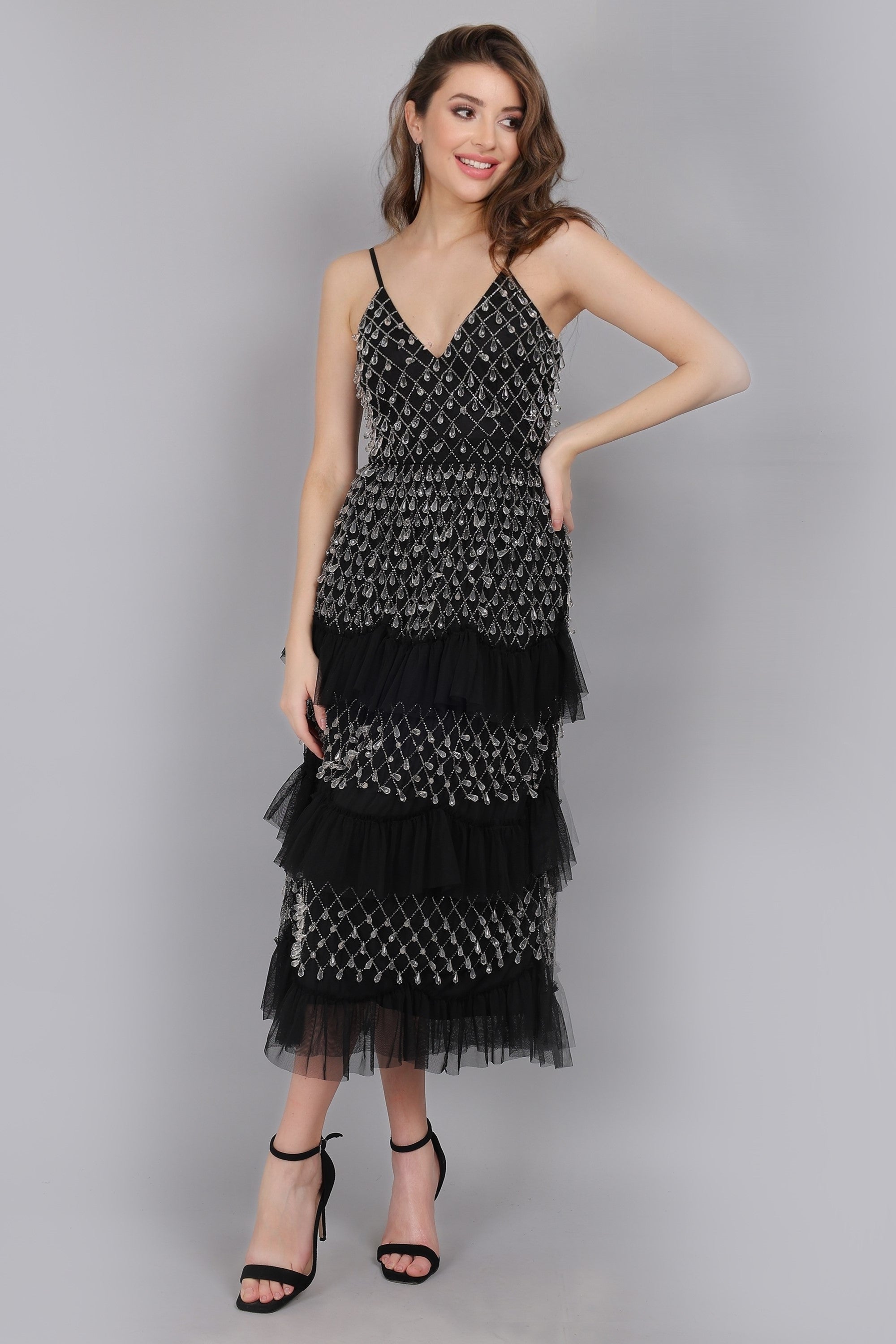 Pearl Drop Midaxi Dress in Black