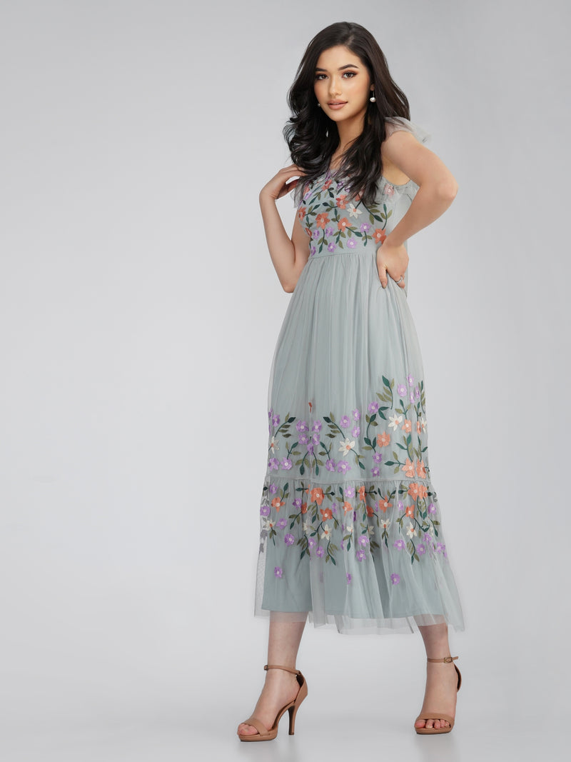Iris Dusty Blue Embroidered Dress – Lace & Beads