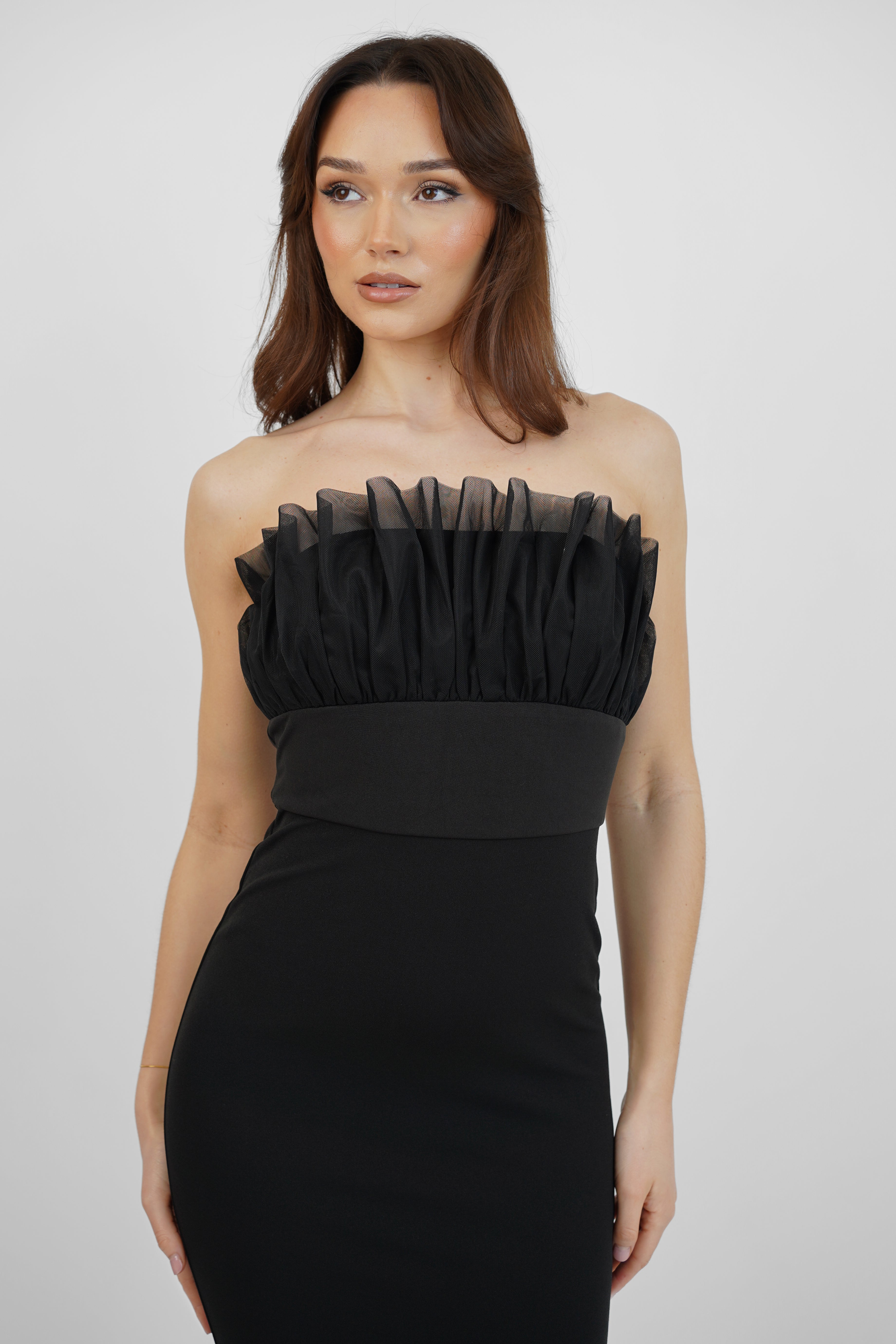 Ivy Black Bodycon Maxi Dress with Frills