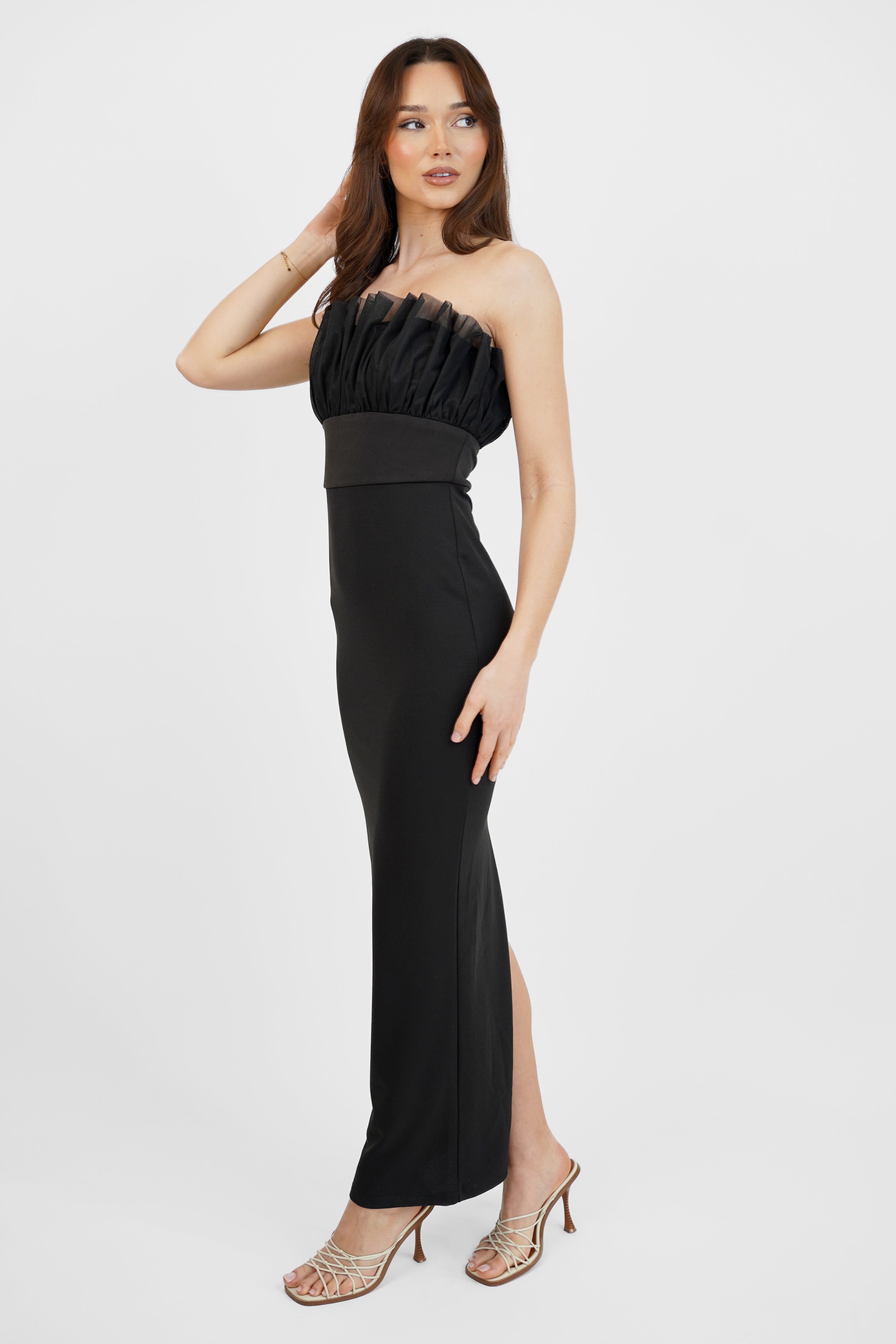 Ivy Black Bodycon Maxi Dress with Frills