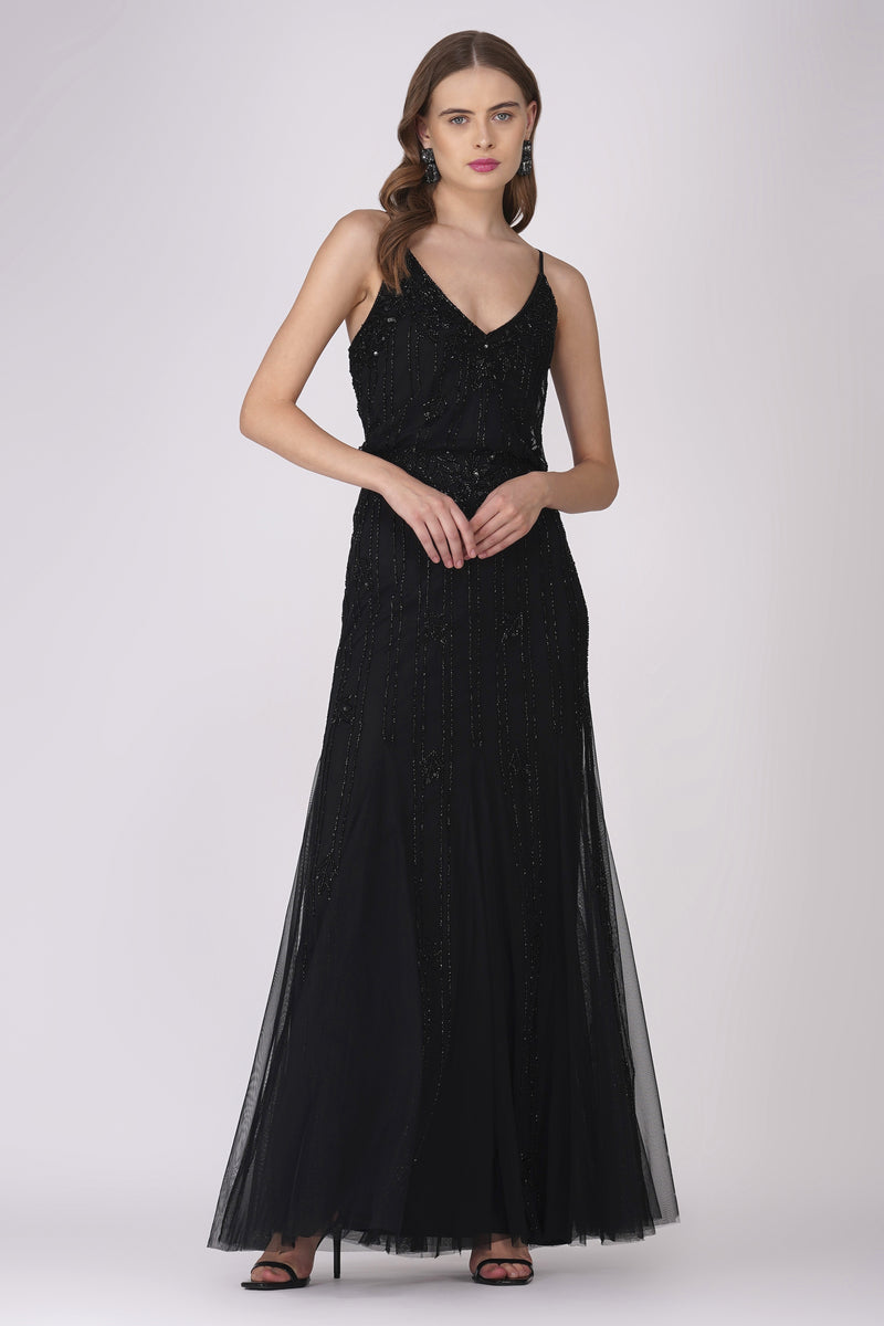 Keeva Black Beaded Maxi Dress Lace Beads