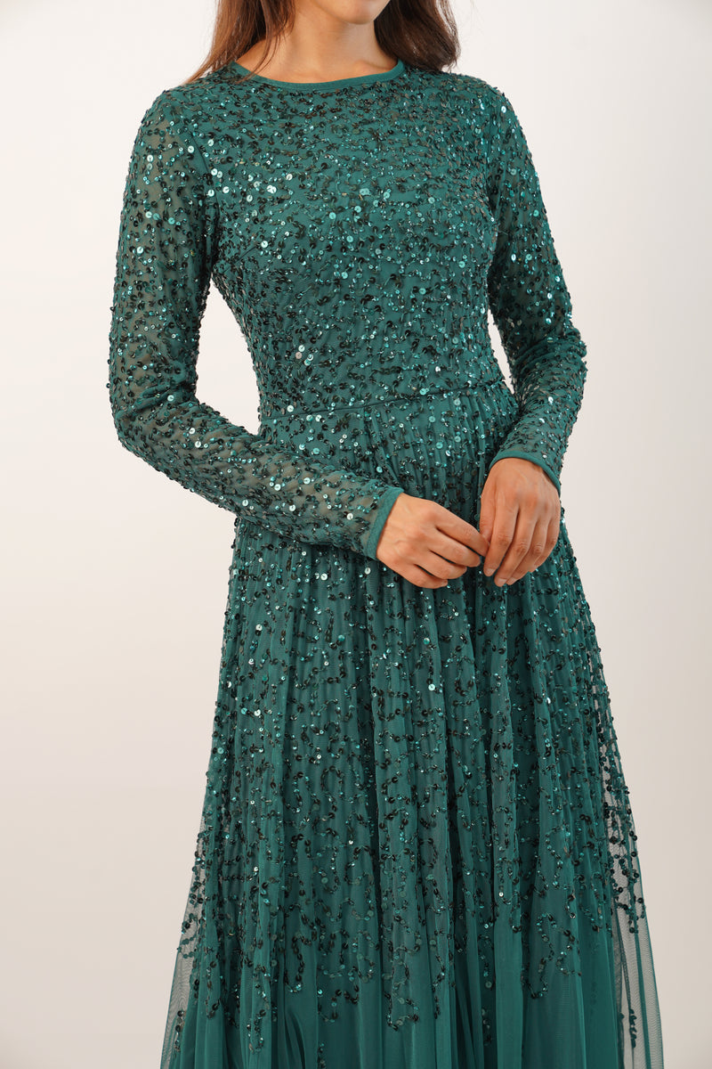 Sila Long Sleeve Embellished Maxi Dress in Emerald Green – Lace & Beads