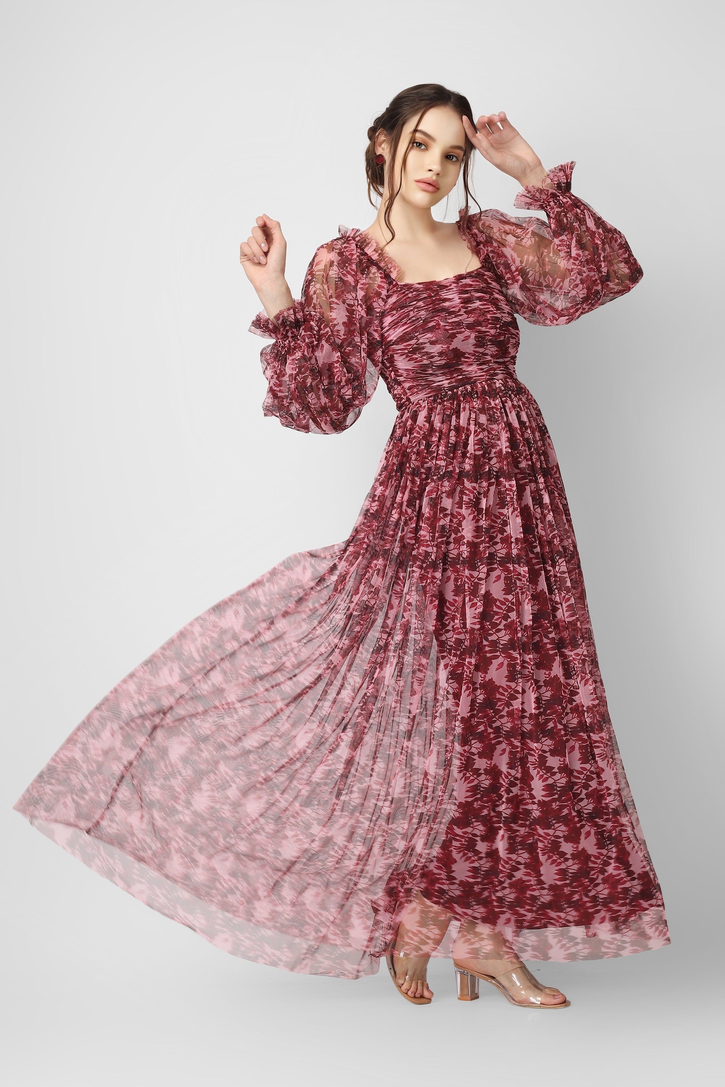 Lana Burgundy Printed Tulle Dress