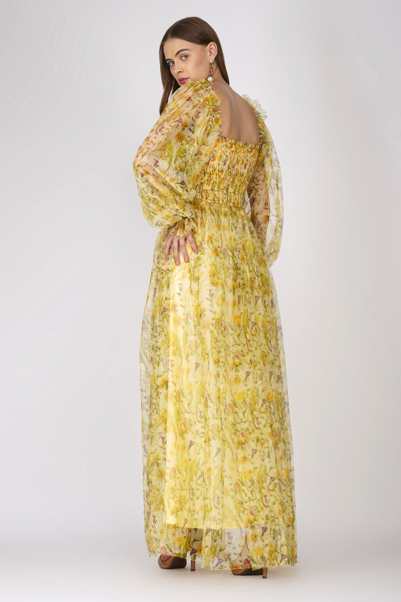 Lana Yellow Printed Tulle Maxi Dress