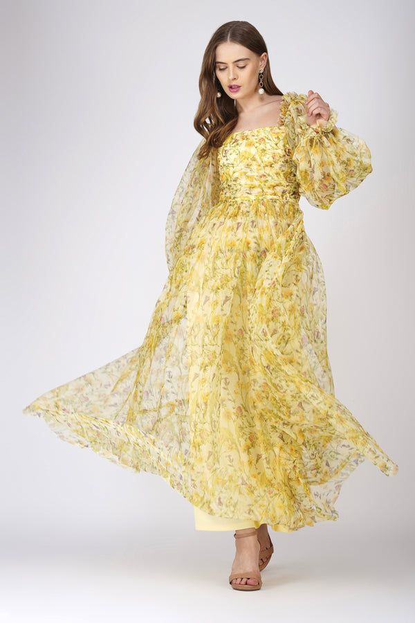 Lana Yellow Printed Tulle Maxi Dress