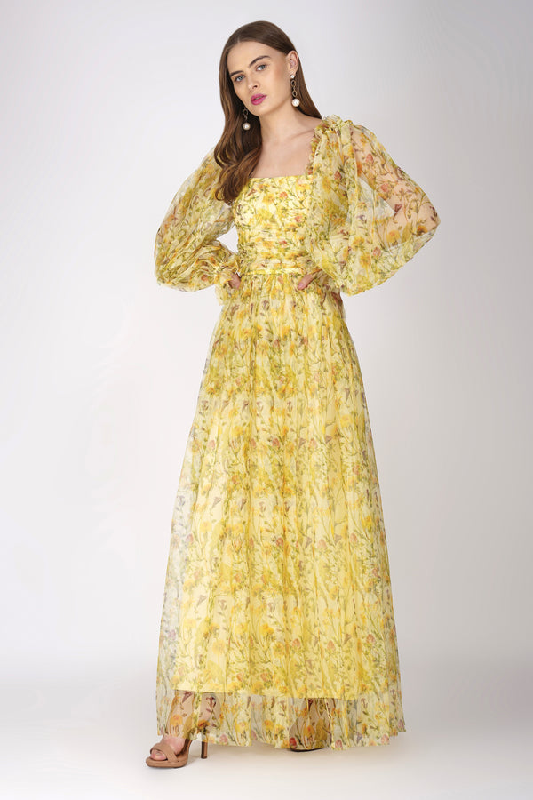 Lana Yellow Printed Tulle Maxi Dress