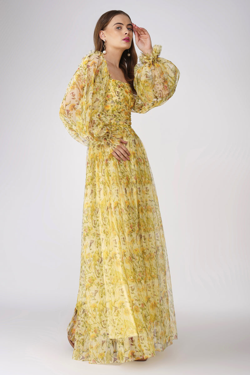 Lana Yellow Printed Tulle Maxi Dress