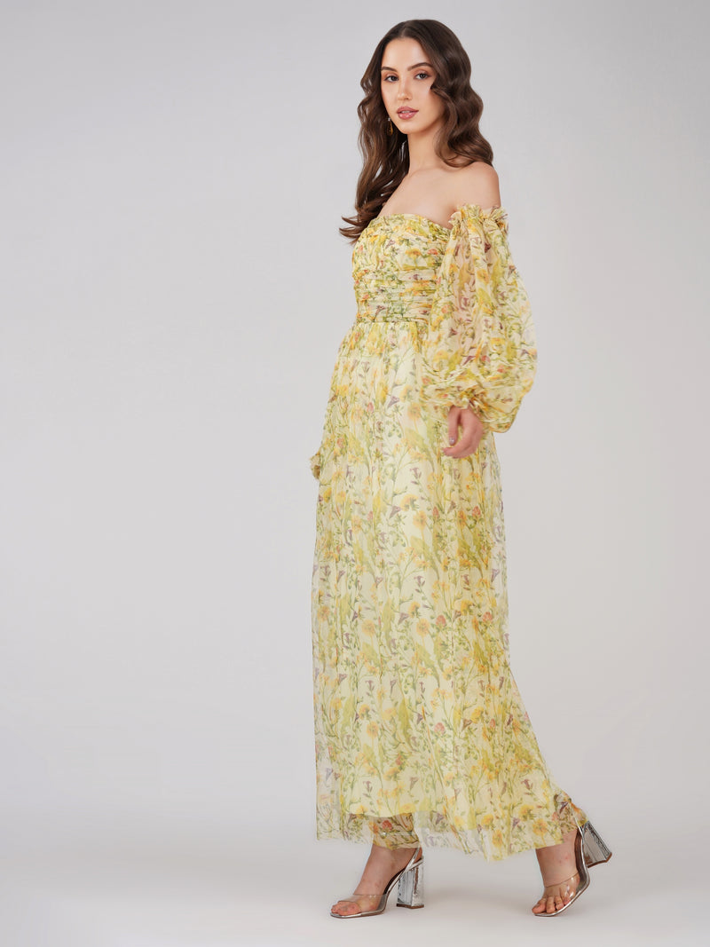 Lana Yellow Printed Tulle Maxi Dress