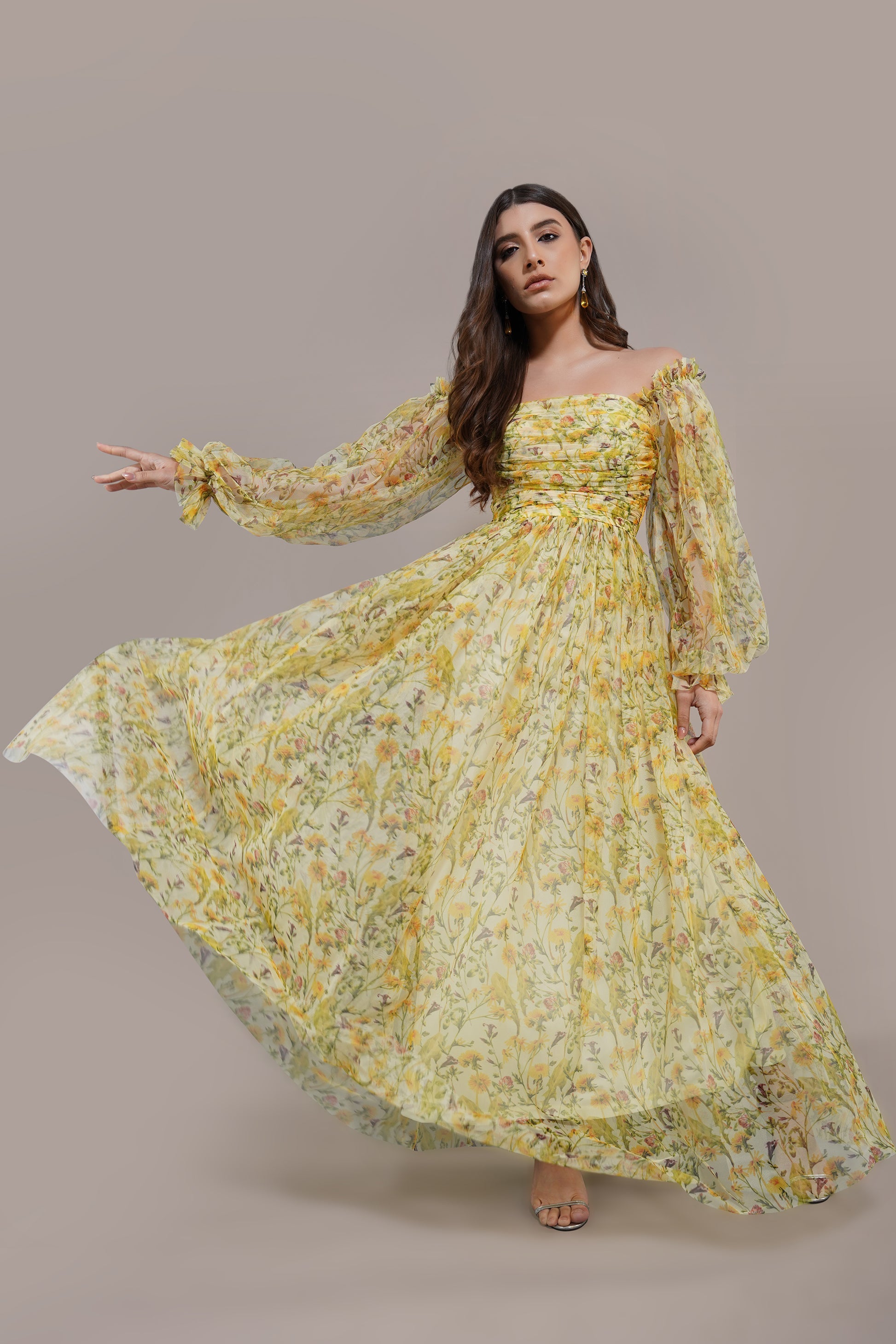 Lana Yellow Printed Tulle Maxi Dress