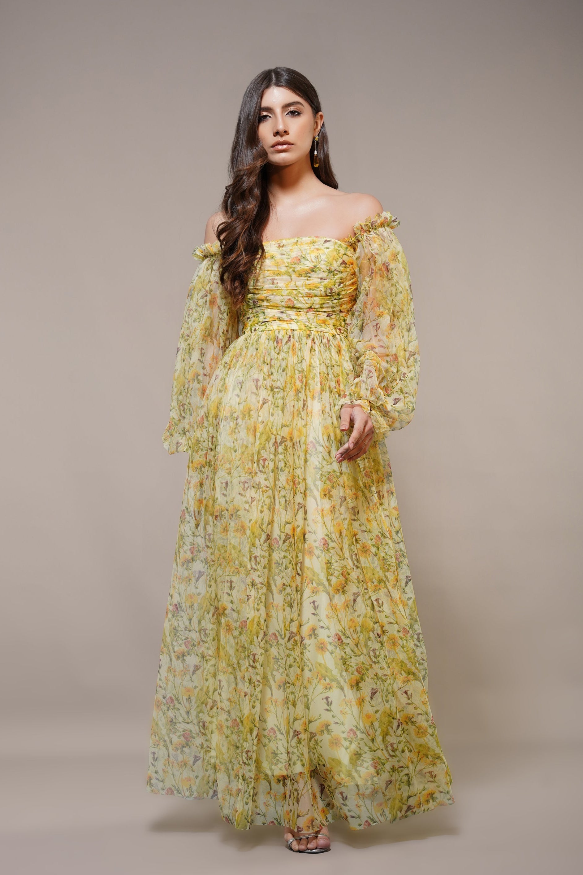 Lana Yellow Printed Tulle Maxi Dress