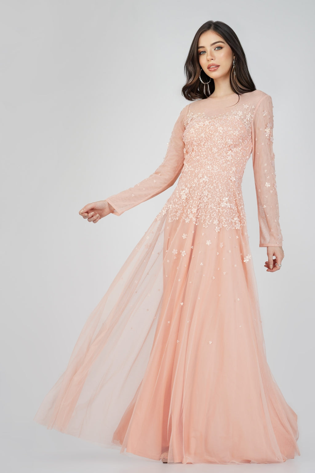 Luciene Long Sleeve Embellished Maxi Dress in Blush Pink – Lace