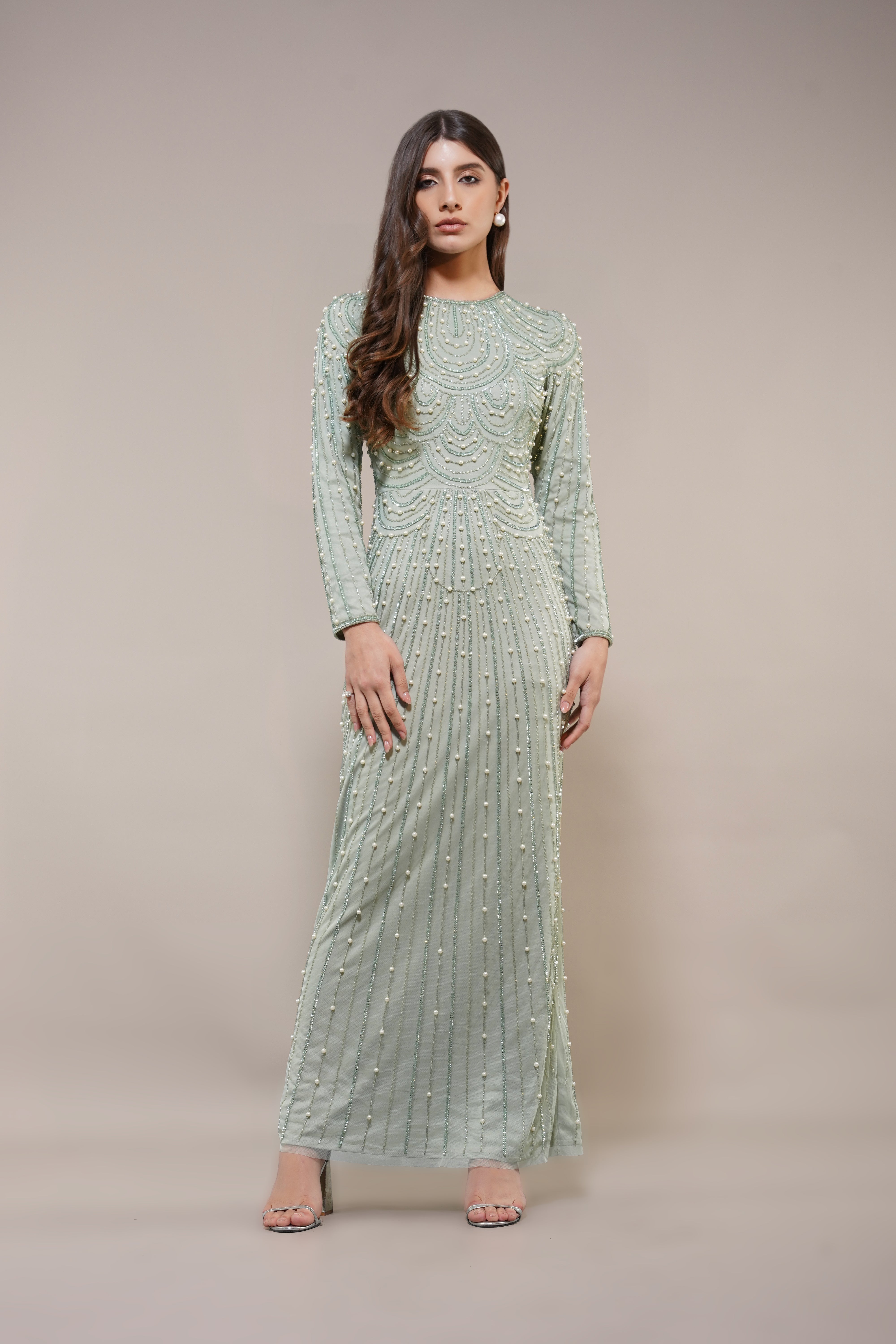 Embellished seuin pearl long-sleeve modest maxi dress sage pistachio green