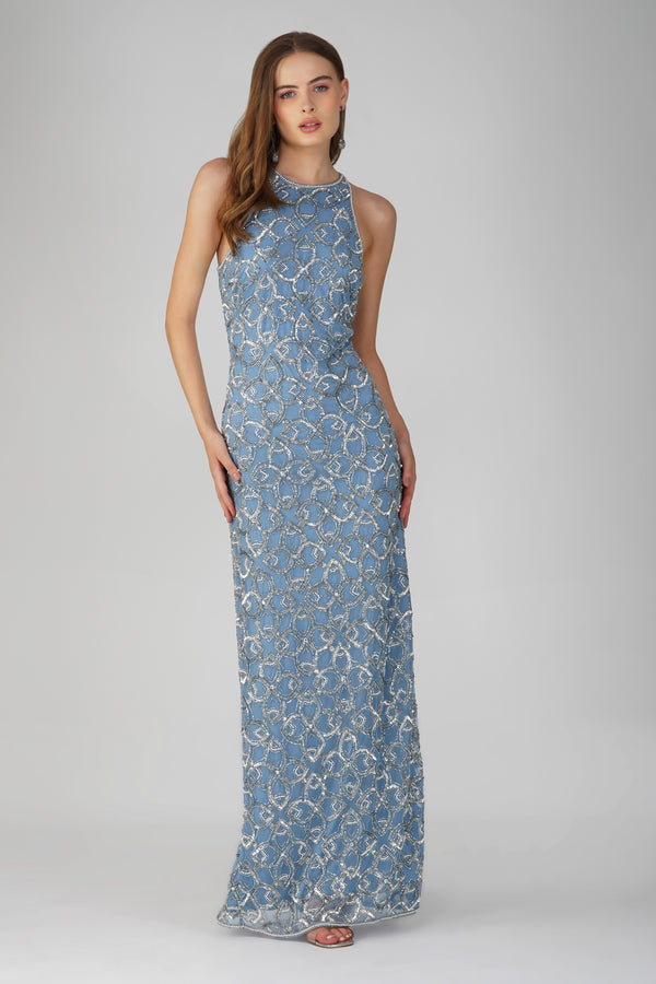 Maddox Embellished Maxi Dress in Powder Blue